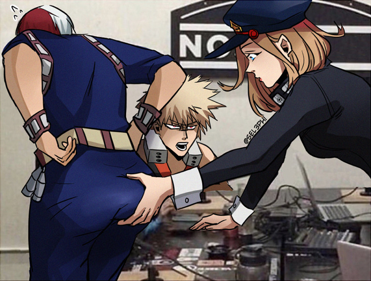 1girls 2boys annoyed_expression ass ass_grab bakugou_katsuki blonde_hair blue_eyes boku_no_hero_academia cake caked_up camie_utsushimi female grabbing grabbing_ass grope groping groping_ass hero_outfit_(mha) katsuki_bakugou male male/female my_hero_academia right_in_front_of_my_salad right_in_front_of_my_salad?_(meme) selephi_sel3phi shouto_todoroki spiky_hair todoroki_shouto utsushimi_camie