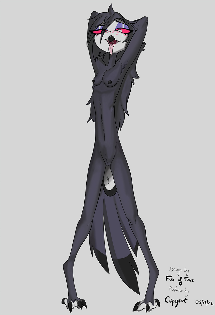 anthro avian beak bird black_body black_feathers black_hair breasts c0pycat feathers feet female flat_chested fox_of_tacs hair helluva_boss hi_res humanoid long_hair looking_at_viewer nude octavia_(helluva_boss) open_mouth owl owl_demon pose redraw seductive simple_background slim small_breasts small_waist solo talons third-party_edit toes tongue tongue_out uncensored white_eyes