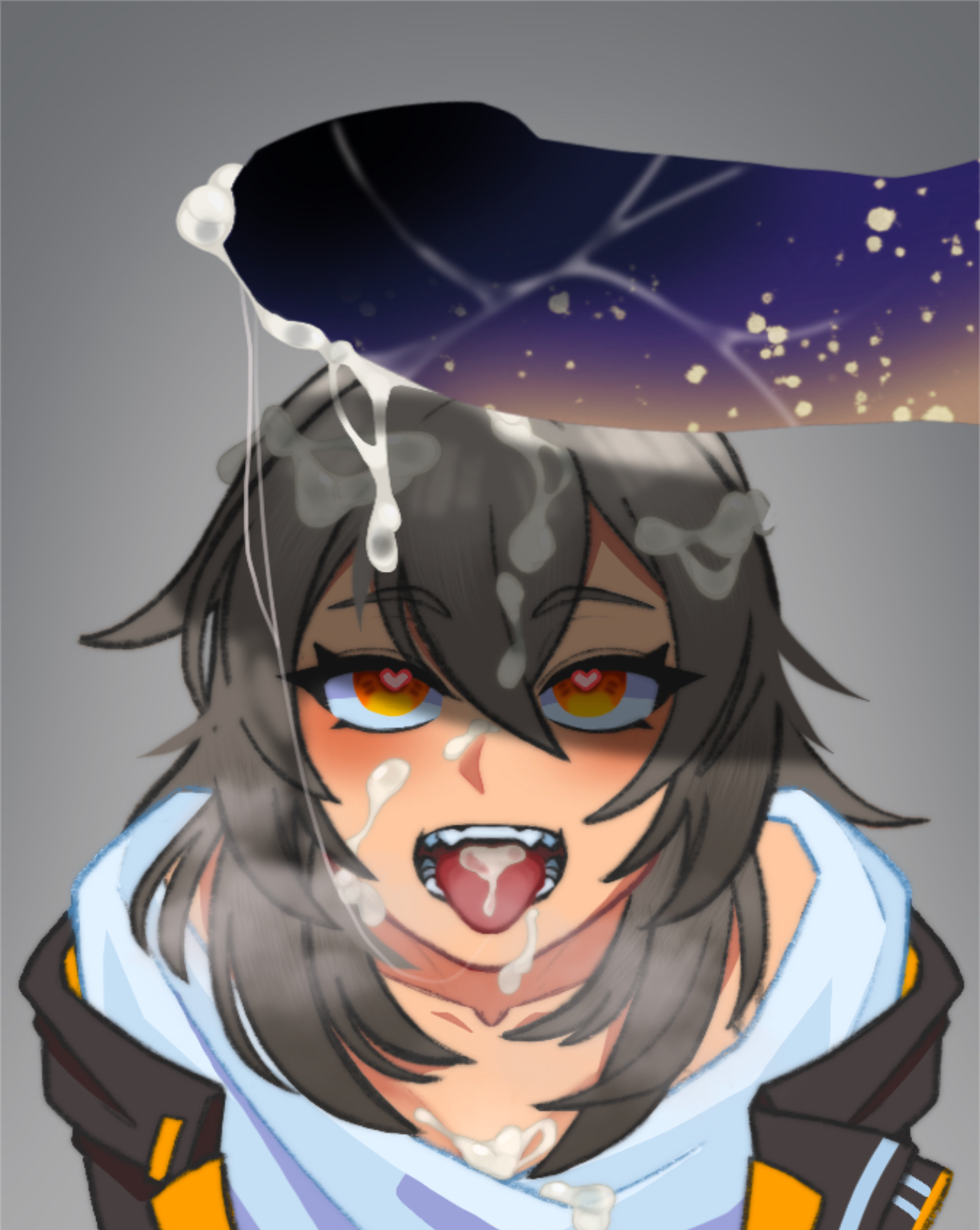 clothed, cock worship, cum, cum drip, cum in mouth, cum on face, cum on penis, female, heart-shaped pupils, honkai (series), honkai: star rail, male, monster cock, penis, stelle (honkai: star rail), tongue, tongue out, voidranger: reaver (honkai: star rail)