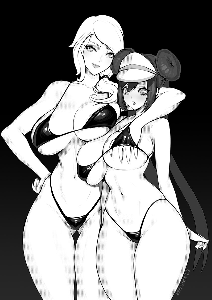 2girls age_difference big_breasts bikini brassica breast_grab breasts crossover double_bun eastern_and_western_character female female_only hat hourglass_figure huge_breasts large_breasts long_hair milf monochrome multiple_girls older_female pokemon rosa_(pokemon) rwby thick_thighs wide_hips willow_schnee younger_female yuri