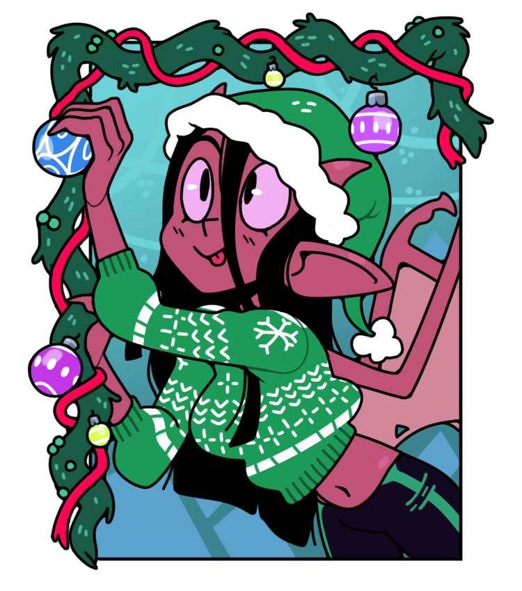 black_hair christmas claws cropped_sweater demon demon_girl demon_horns demon_wings discount-supervillain female hair horns long_hair midriff midriff_baring_shirt pink_eyes pointed_ears pointy_ears red_skin santa_hat sweater sweatpants tongue tongue_out wings