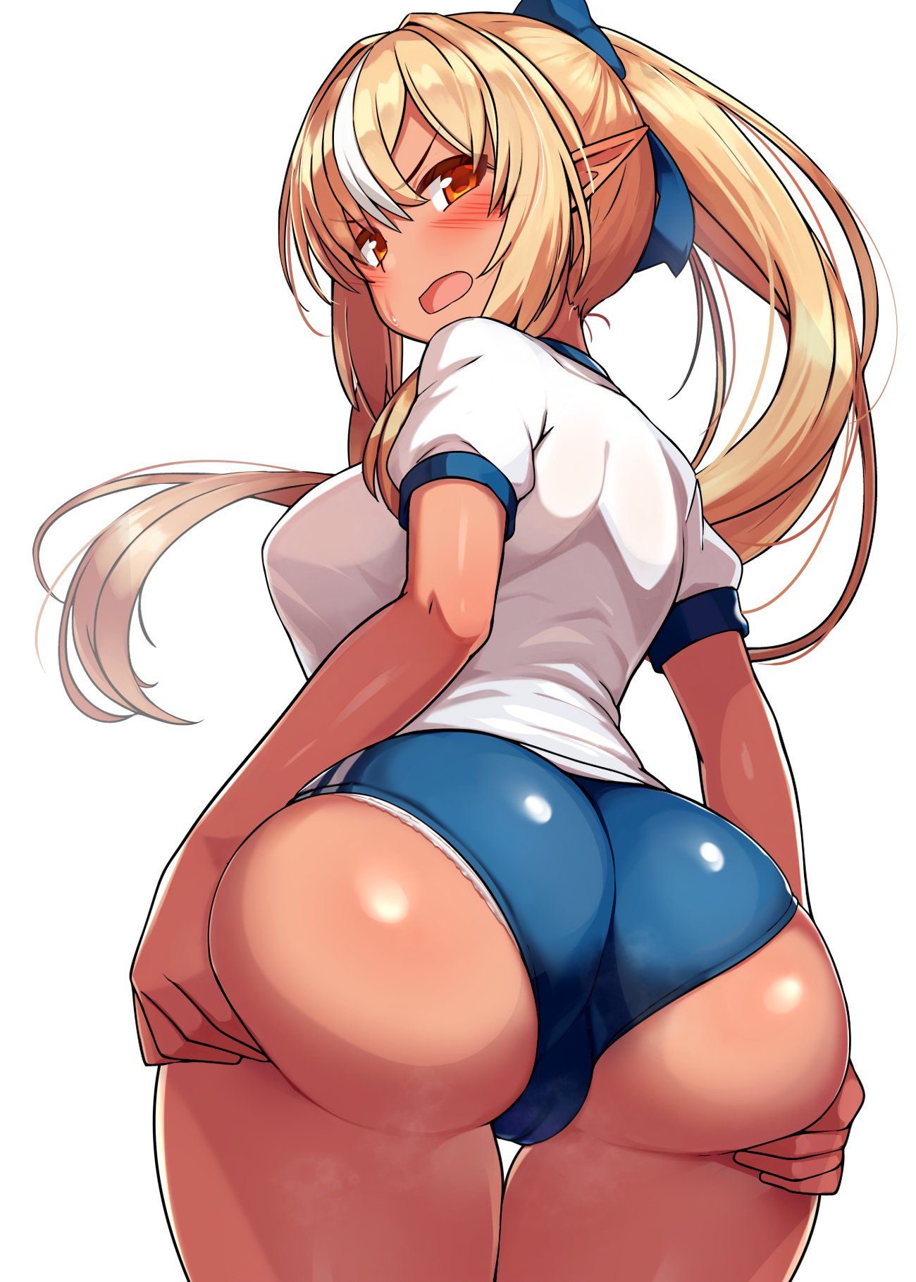 alternate costume, angry, ass, blush, breasts, buruma, cameltoe, female, from behind, gym uniform, heavy blush, holding ass, hololive, hololive fantasy, hololive japan, huge ass, large breasts, looking back, puffy pussy, pussy, shiranui flare, steam, sweatdrop, thick thighs, tight clothing, tight fit, virtual youtuber, wide hips, wide thighs