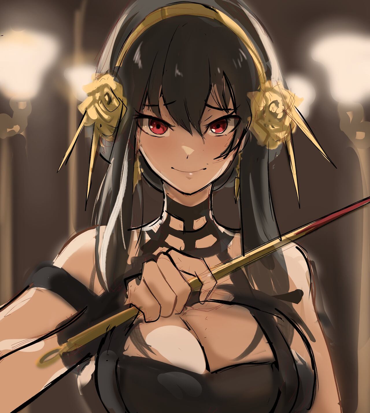 1girls, assassin, big breasts, black hair, breasts, cleavage, female, female human, human, light skin, light-skinned female, long hair, looking at viewer, mature female, rakeemspoon, red eyes, solo, solo female, spy x family, thorn princess, yor briar, yor forger