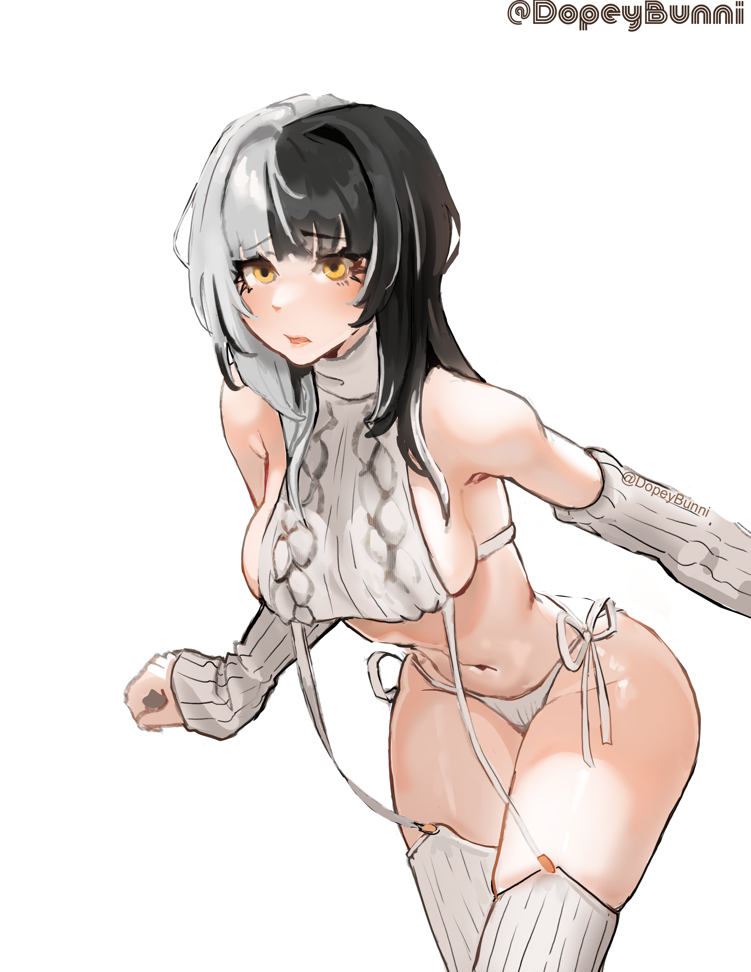 artist name, artist upload, breasts, dopeybunni, female, hololive, hololive english, hololive english -advent-, shiori novella, shoulder length hair, shoulders, sideboob, split color hair, stomach, thigh highs, thighs, thong, tummy, virgin destroyer sweater, virgin killer sweater, virtual youtuber, yellow eyes