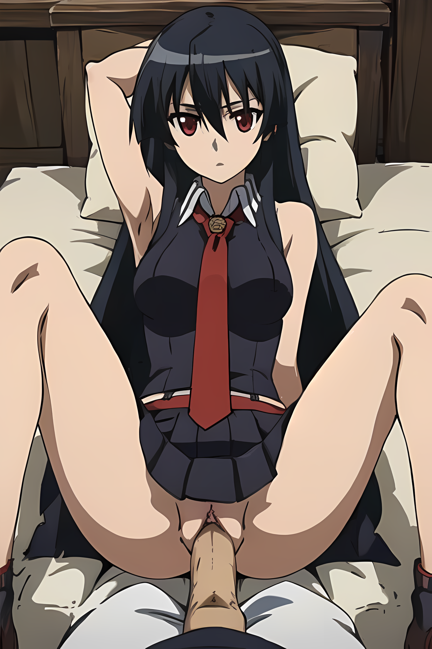 ai generated, akame (akame ga kill!), akame ga kill!, black clothing, black hair, female, long hair, lying, lying on back, lying on bed, male, penis, penis in pussy, pussy, pussy penetration, red eyes, sex, vagina, vaginal insertion, vaginal penetration, vaginal sex, ww132