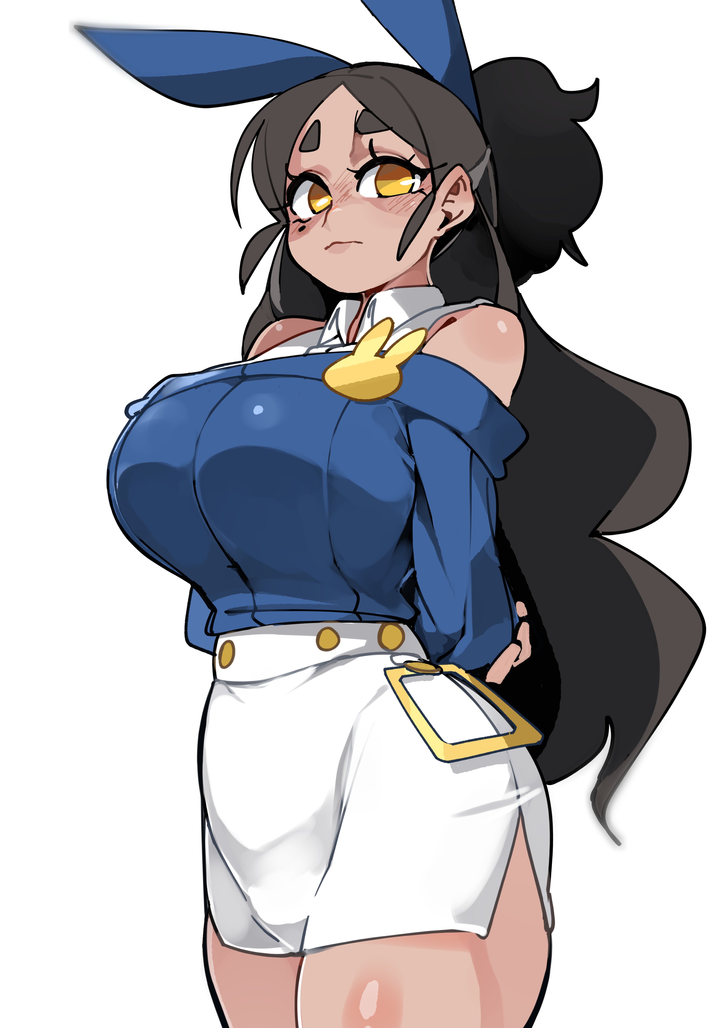 1girls, absurd res, arms behind back, big breasts, black hair, blush, bongfillstudent, breasts, broke-chan (bakuatsukiyu), bunny ears, female, female only, long hair, looking at viewer, mole, mole under eye, solo, white background, yellow eyes