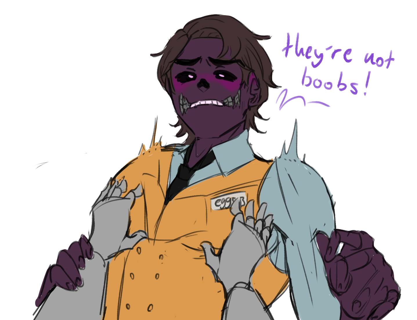artist request, big pecs, black eyes, blush, blushing, breasts, dialogue, dumeefany, english text, five nights at freddy's, five nights at freddy's: sister location, hands, male, male breasts, male focus, male only, male with breasts, michael afton, motion lines, necktie, noseless, pecs, pectorals, pissgag, purple skin, questionable, scottgames, squeezing pecs, suit, white pupils, yaoi