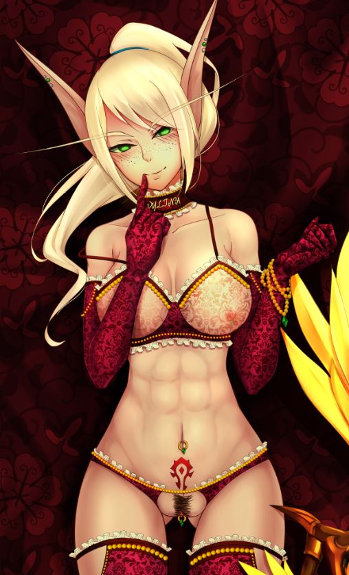 arm_sleeves blood_elf collar female horde lingerie nipple_piercing open_pants panties pierced_nipples piercing piercings pubic_hair rebyo stockings tattoo vylina world_of_warcraft