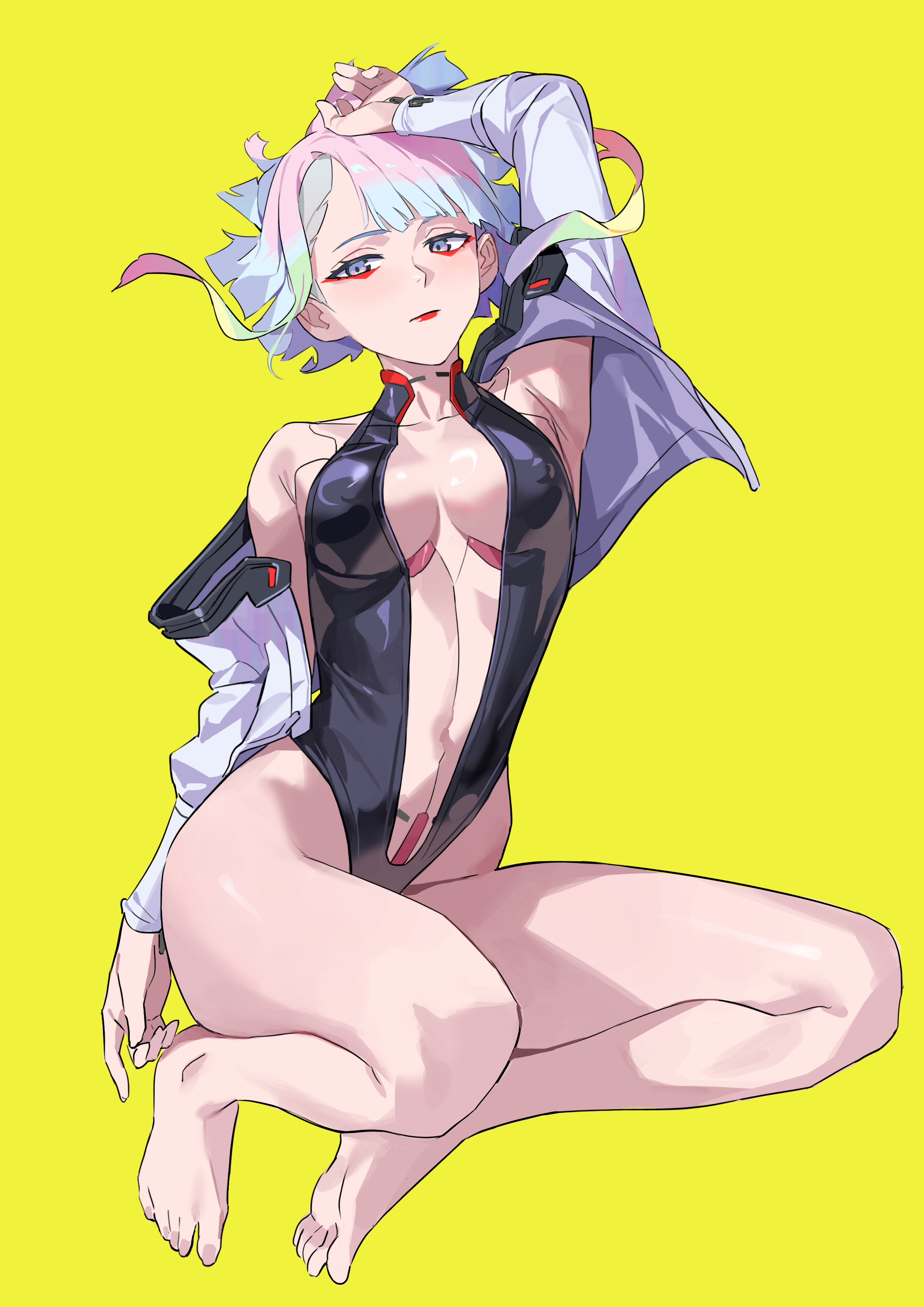 1girls, arm up, armpits, bare legs, bare shoulders, barefoot, blue eyes, breasts, covered nipples, cyberpunk: edgerunners, eyeliner, feet, female, full body, highleg, highleg leotard, jacket, leotard, lucyna kushinada, medium breasts, multicolored hair, mumei (artist), no shoes, open clothes, open jacket, revealing clothes, short hair, solo, thighs, toes