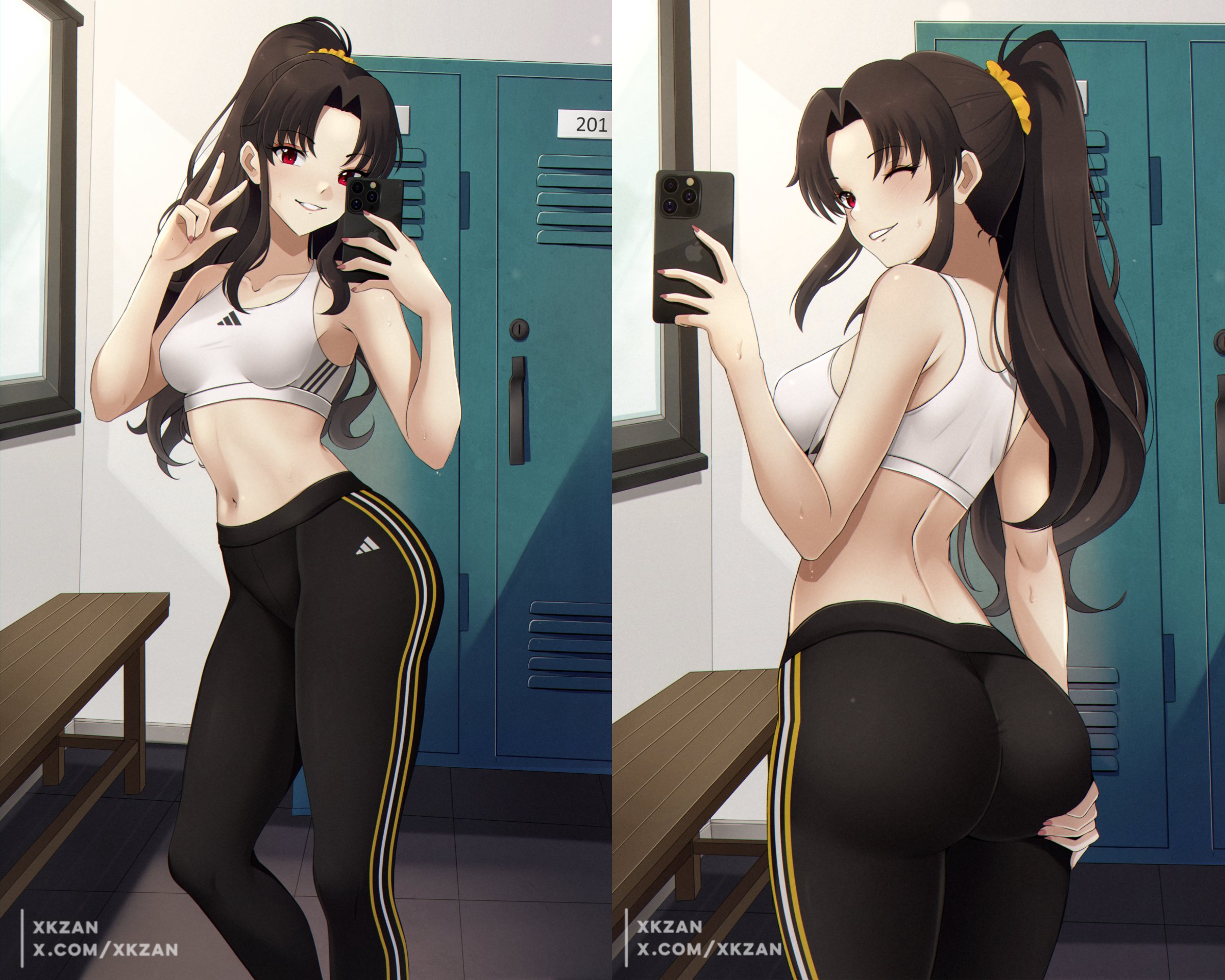 1girls, alternate version available, ass, ass shot, back, big ass, black pants, bottomwear, breasts, brown hair, fate (series), female, female only, gym storeroom, hair, hand on ass, holding object, holding phone, ishtar (fate), looking back, nails, one eye closed, pants, peace sign, phone, ponytail, pose, red eyes, selfie, selfie pose, small breasts, smile, solo, solo female, sports bra, sports uniform, sportswear, tied hair, topwear, wink, winking, xkzan