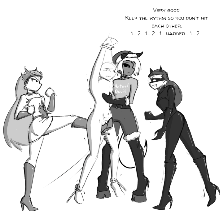 1boy 3girls 3girls1boy adora ballbusting batman_(series) black_and_white bodysuit boots catsuit catwoman cbt celera_prime cock_and_ball_torture crossover dc dc_comics dcau demon demon_girl demon_horns demon_tail demoness dominatrix english english_text femdom femdom_caption high_heel_boots high_heels multiple_girls selina_kyle she-ra she-ra_and_the_princesses_of_power she-ra_princess_of_power straight text tied_hands tied_legs tied_up