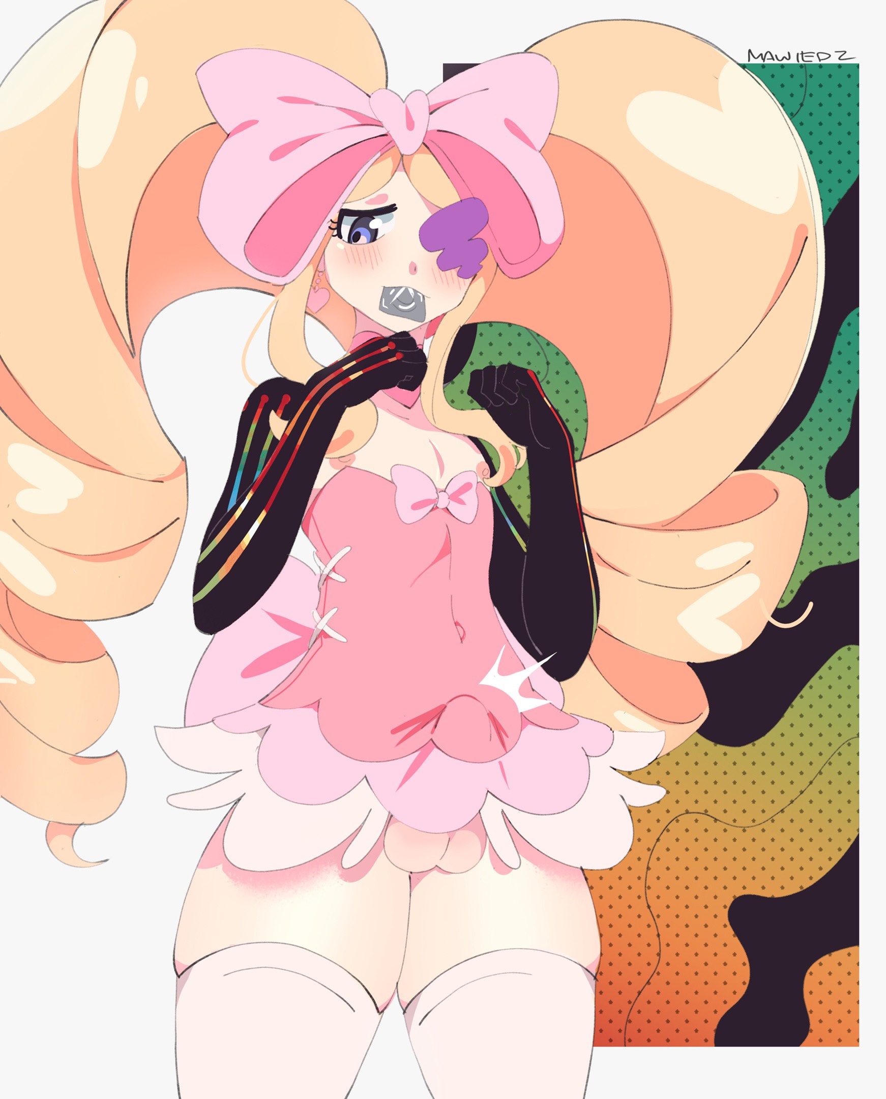 androgynous, blonde hair, blue eyes, blush, bowtie, bulge, condom, condom in mouth, crossdressing, dress, embarrassed, erection, erection under clothes, eyepatch, femboy, feminine male, genderswap, genderswap (ftm), harime nui, kill la kill, light skin, light-skinned male, male, mawiedz, panties, rule 63, skirt, solo femboy, solo male, trap, twintails