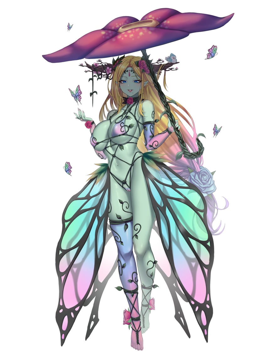 absurdres alraune anima_(togashi) bare_shoulders bikini bird blonde_hair blue_eyes blue_flower blue_thighhighs breasts bridal_gauntlets brown_horns bug butterfly cameltoe colored_skin commentary curvy female fingernails flower forehead_jewel full_body gradient_hair gradient_legwear green_skin highres holding holding_umbrella horn_flower horns large_breasts leaf long_hair looking_at_viewer mole mole_under_mouth monster_girl multicolored_hair nail_polish navel original paid_reward_available parted_bangs parted_lips pink_flower pink_hair pink_nails pink_thighhighs plant plant_girl pointy_ears rafflesia_(flower) simple_background single_thighhigh smile solo swimsuit teeth thighhighs umbrella very_long_hair vines waist_cape white_background