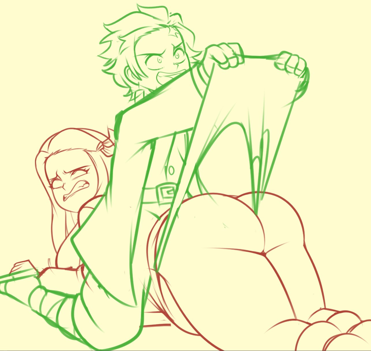 2023 beige_background big_ass big_breasts big_butt big_thighs brother brother_and_sister demon_slayer green_outline hi_res incest kamado_nezuko kamado_tanjirou kimetsu_no_yaiba laying_on_stomach line_art no_color red_outline semidraws siblings sister sitting_on_person sketch tagme unfinished wedgie wedgies white_panties