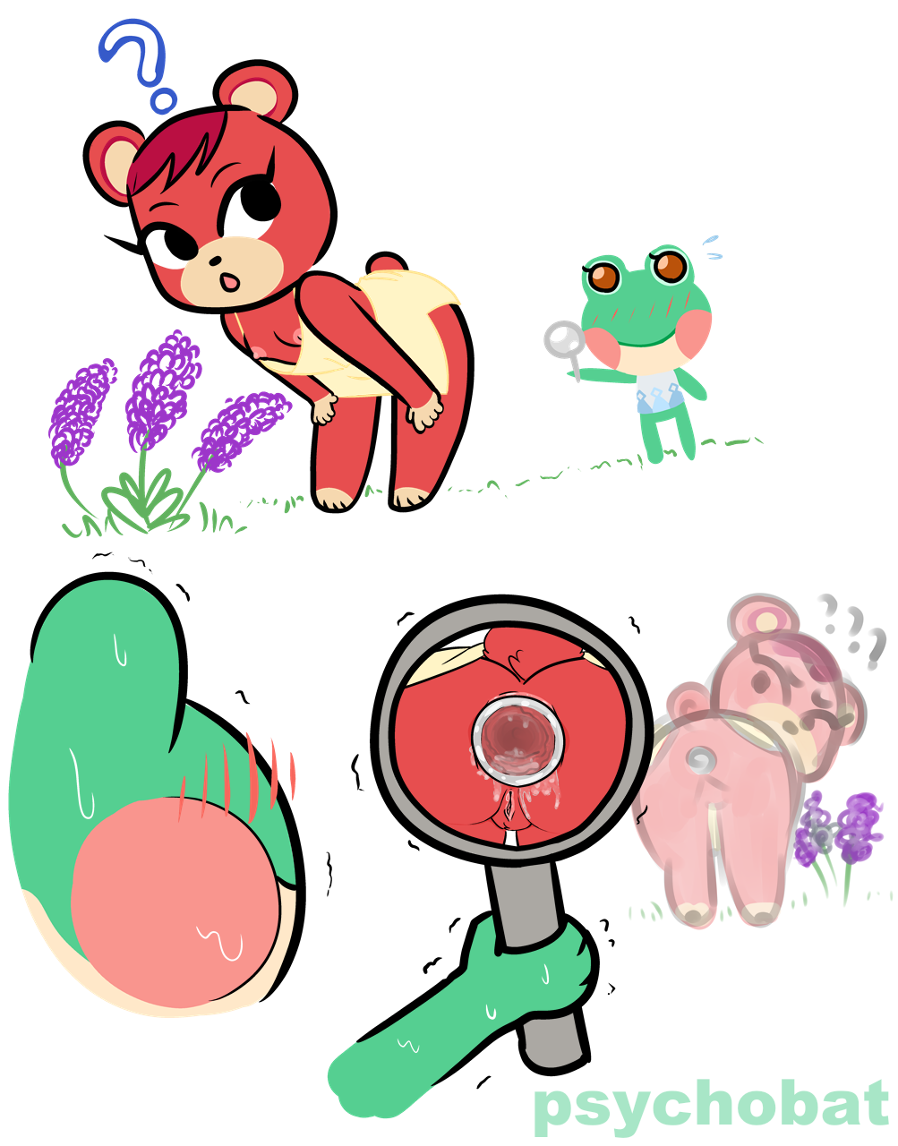 2020 amphibian animal_crossing anthro anus artist_name ass bear bent_over blush bodily_fluids bottomless bottomless_female breasts buttplug cheri_(animal_crossing) clothed clothing confusion duo female flower frog genital_fluids hands_on_knees hands_on_legs hi_res holding_object lily_(animal_crossing) magnifying_glass mammal nintendo nipples plant plug_(sex_toy) psychobat pussy_juice question_mark sex_toy small_breasts sweat sweatdrop transparent_buttplug