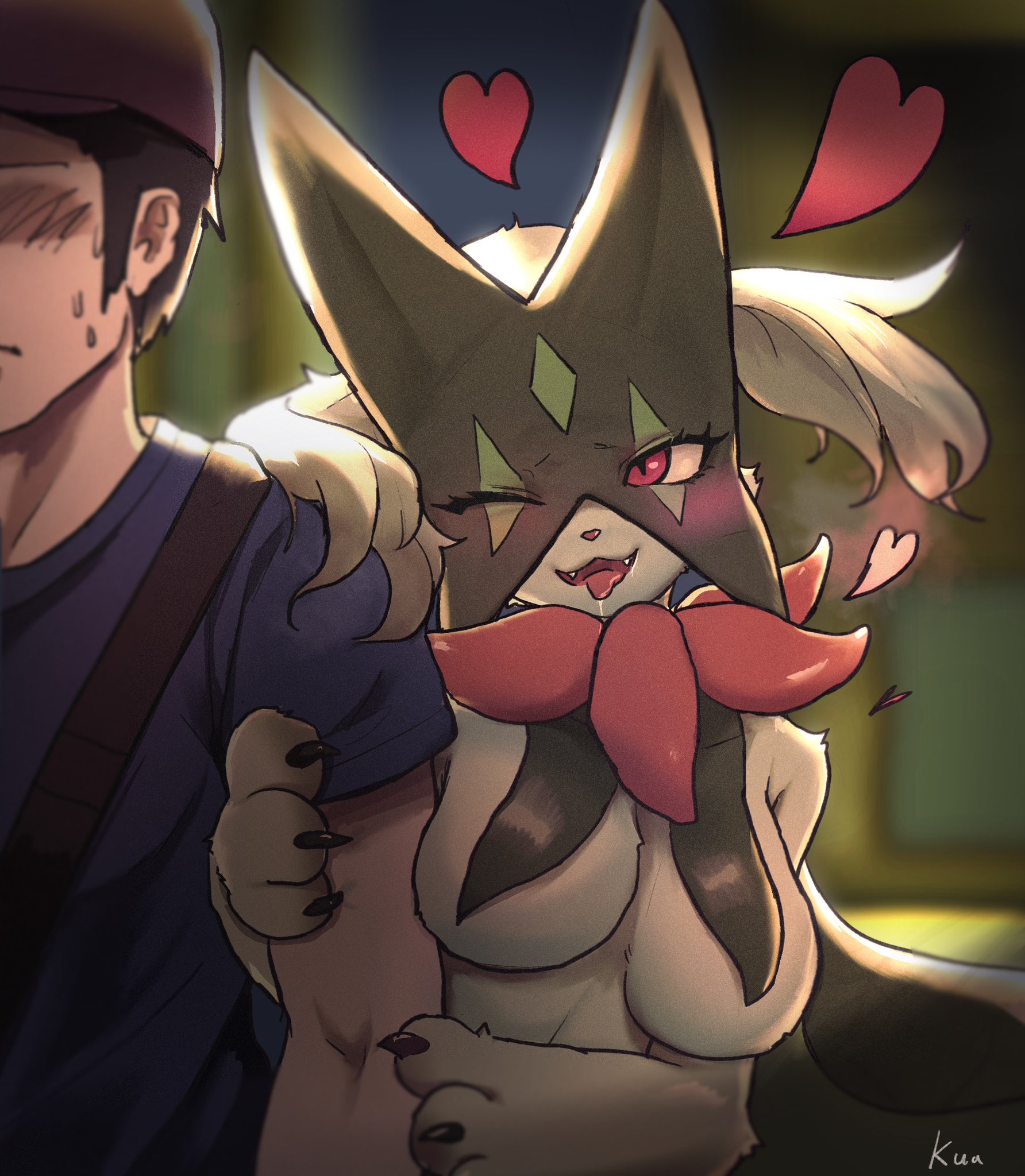 1boy, 1girls, 2024, anthro, big breasts, blurry background, blush, breasts, claws, coo aak, embarrassed, eyelashes, fangs, featureless breasts, female, furry, generation 9 pokemon, green body, green fur, half-closed eyes, heart, male, meowscarada, one eye closed, open mouth, pink eyes, pokémon (species), pokemon, pokemon (species), pokemon sv, saliva, saliva drip, signature, sweat, tongue, tongue out