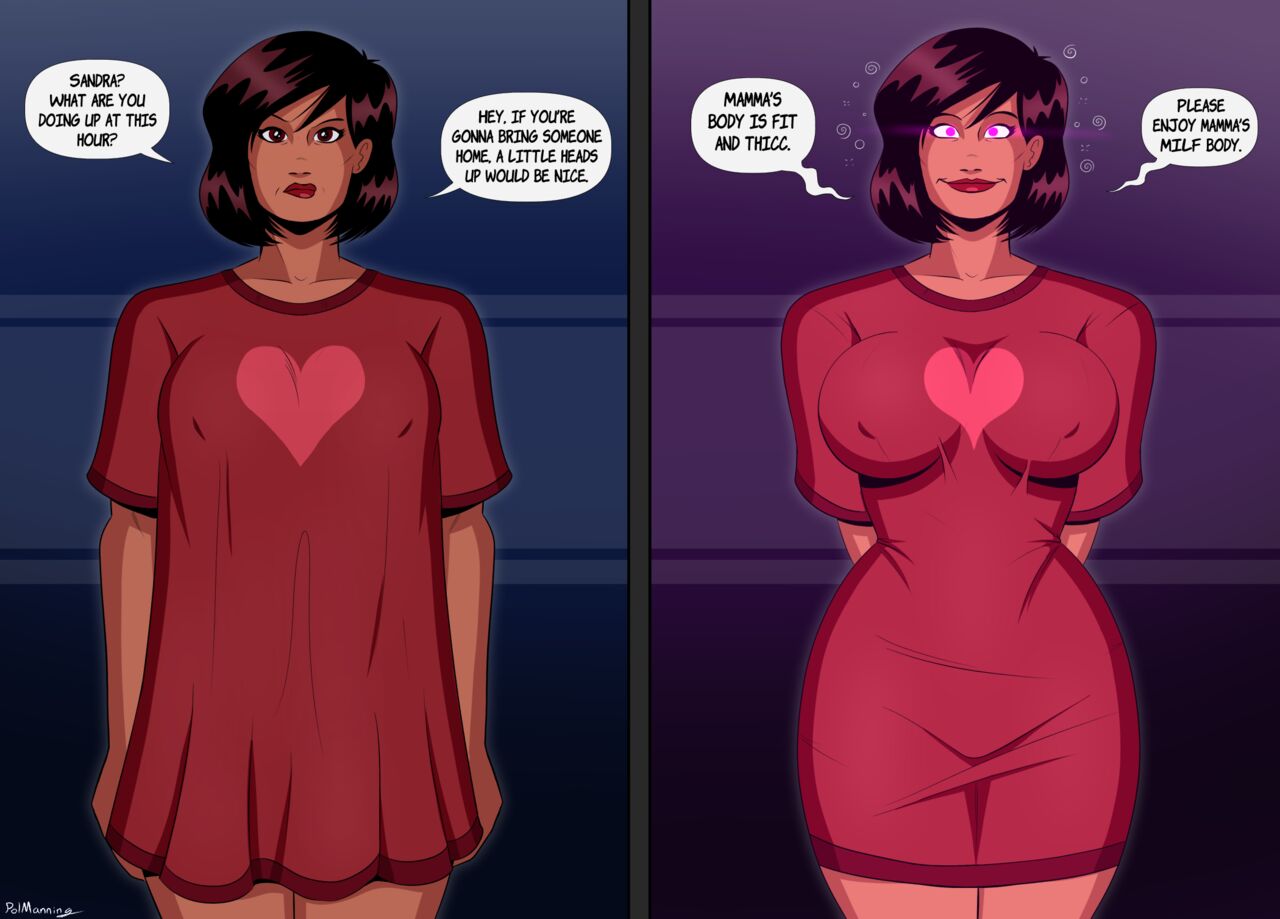 big_breasts comic dark-skinned_female hypnosis meme oversized_clothes pajamas_challenge_(meme) polmanning scarlet_smasher superheroine tagme talking_to_viewer text tight_clothing