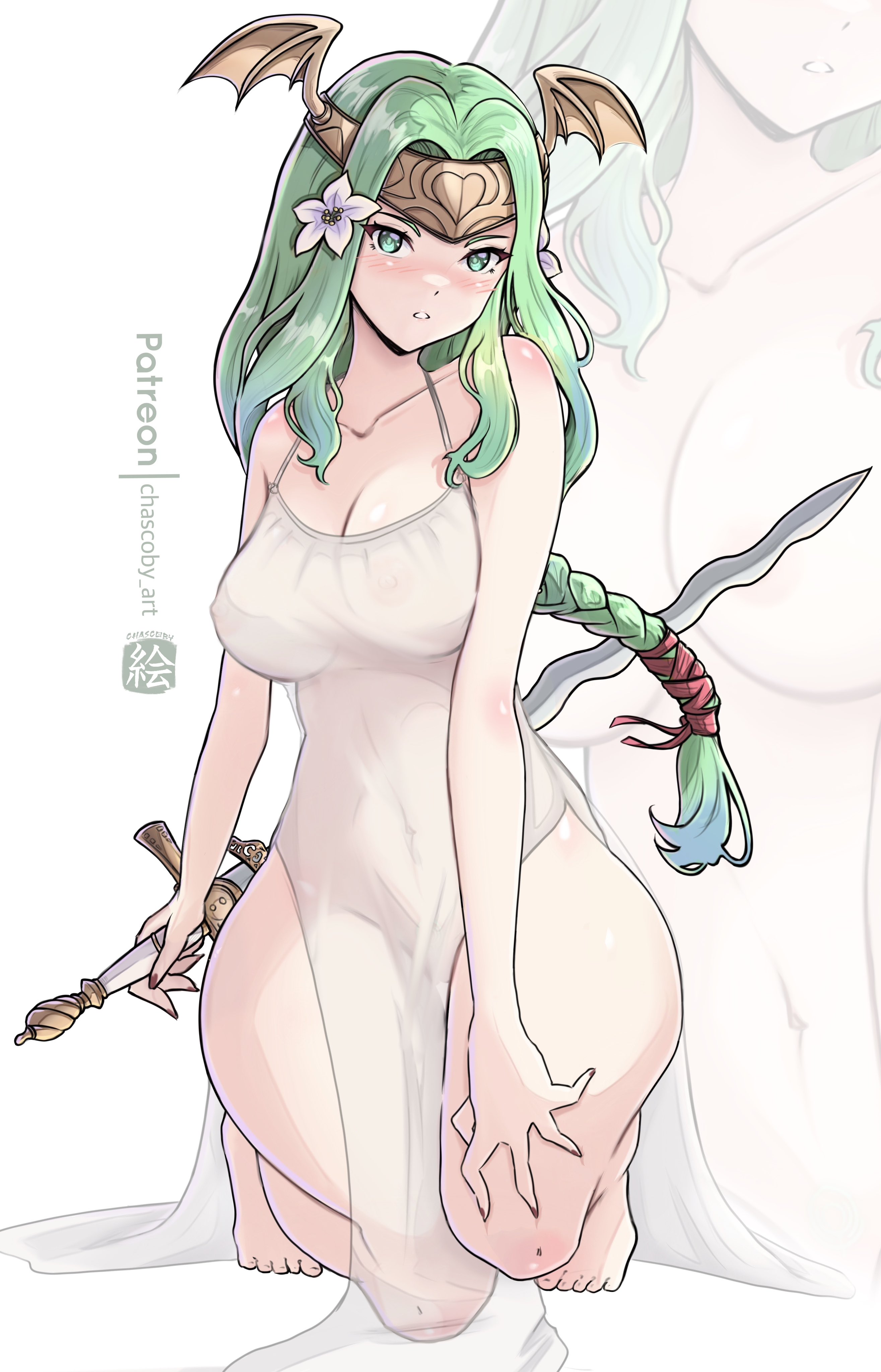 1girls, 2024, absurdres, alternate costume, artist name, blush, breasts, chascoby, female, female only, fire emblem, fire emblem: three houses, flower, green eyes, green hair, hair flower, hair ornament, highres, large breasts, long hair, looking at viewer, navel, nintendo, nipples, nipples visible through clothing, rhea (fire emblem), see-through clothing, seiros (fire emblem), solo, sword, watermark, wings