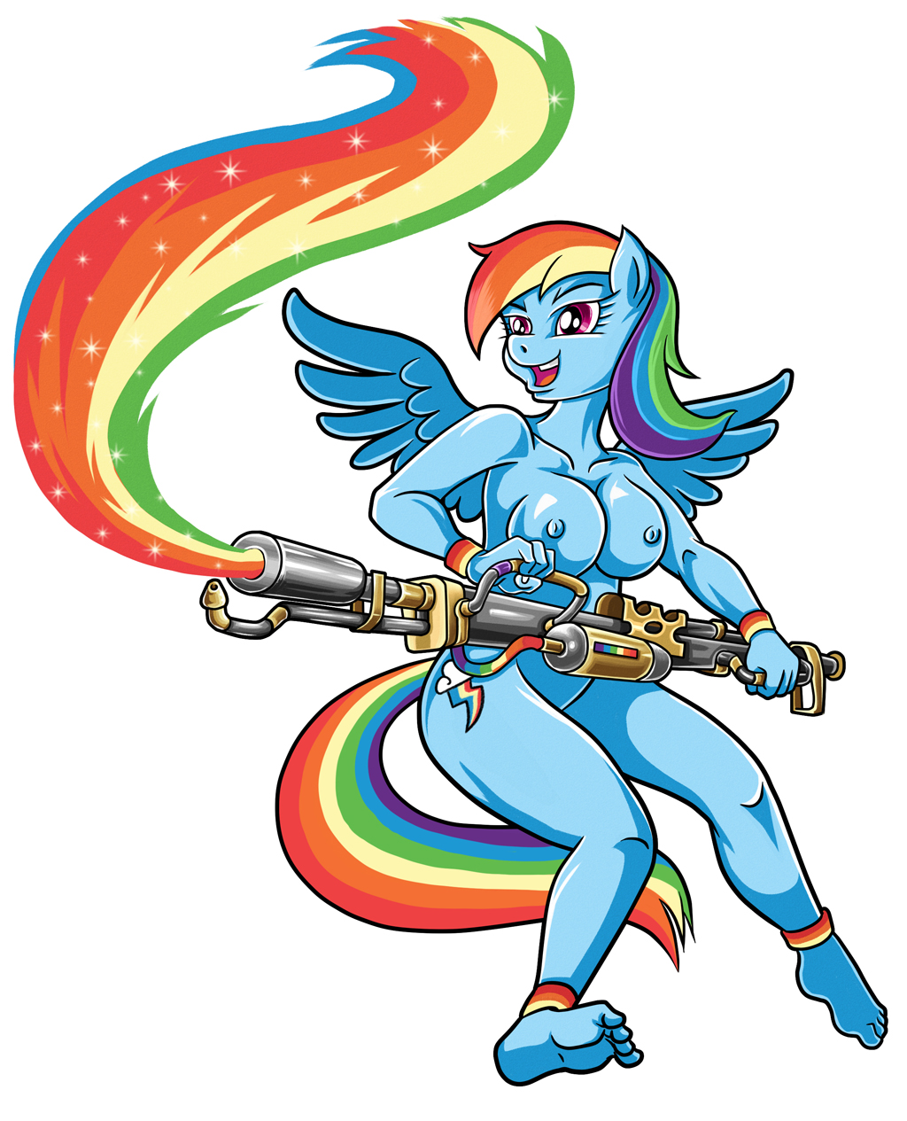 anthro blue_body blue_feathers breasts cutie_mark equid equine feathered_wings feathers feet female friendship_is_magic furry gun mammal my_little_pony nipples pink_eyes rainbow rainbow_dash_(mlp) rainbow_hair rainbow_tail smile solo tail wangkingfun wings