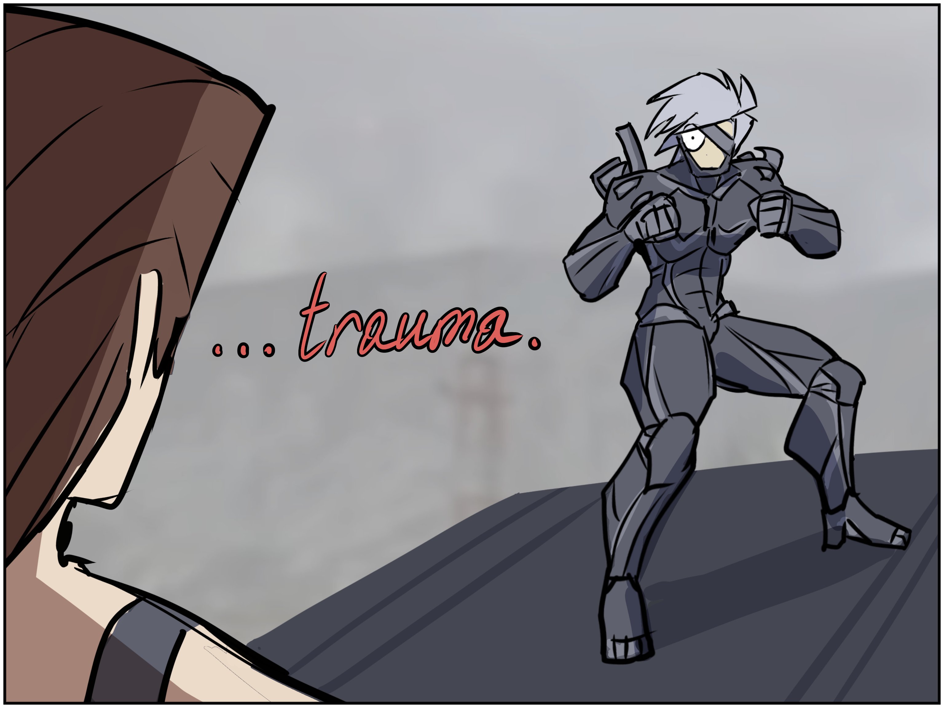 1boy, 1girls, cyborg, female, fighting stance, funny, male, metal gear rising, raiden (metal gear), rule 63, senator armstrong, shocked, shocked expression, white hair, zzzhodazzz
