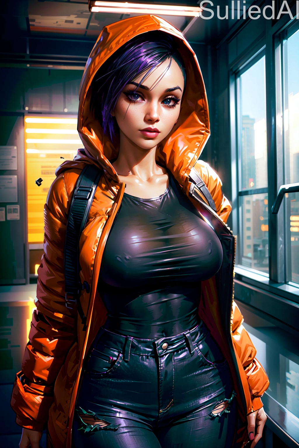 ai_generated asian asian_female big_breasts cd_projekt_red cyberpunk_(series) cyberpunk_2077 jacket judy_alvarez kenny_mccormick kenny_mccormick_(panderverse) large_breasts nipple_outline south_park sulliedai tight_clothing torn_clothing wide_hips