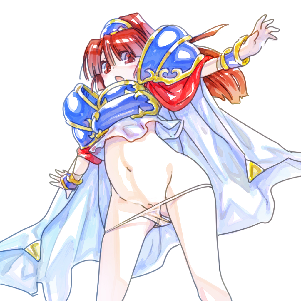 arle_nadja armor blush breastplate cape danchizuma eyes_visible_through_hair female looking_at_viewer madou_monogatari navel open_mouth outstretched_arms panties panty_pull pauldrons ponytail pussy puyo_puyo puyo_puyo_fever red_eyes red_hair shoulder_armor simple_background solo spread_arms tetsuwan_woopie underwear white_background white_cape