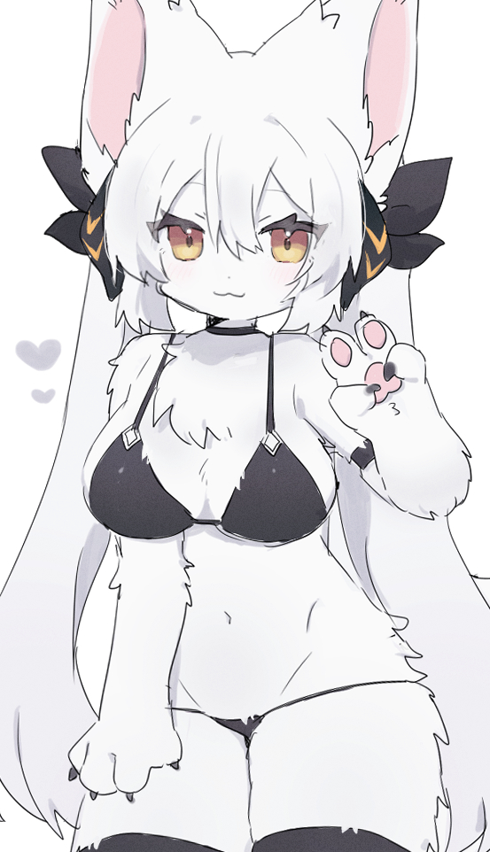 1girls, 2024, big breasts, blush, blush lines, bra, breasts, cat ears, cat girl, cat tail, claws, cute, eyebrows, eyebrows visible through hair, eyelashes, eyelashes visible through hair, eyes visible through hair, feline, female, female only, furry, furry only, heart, long hair, looking at viewer, navel, panties, pawpads, paws, simple background, spommmm, stockings, white body, white fur, white hair, wholesome, yellow eyes