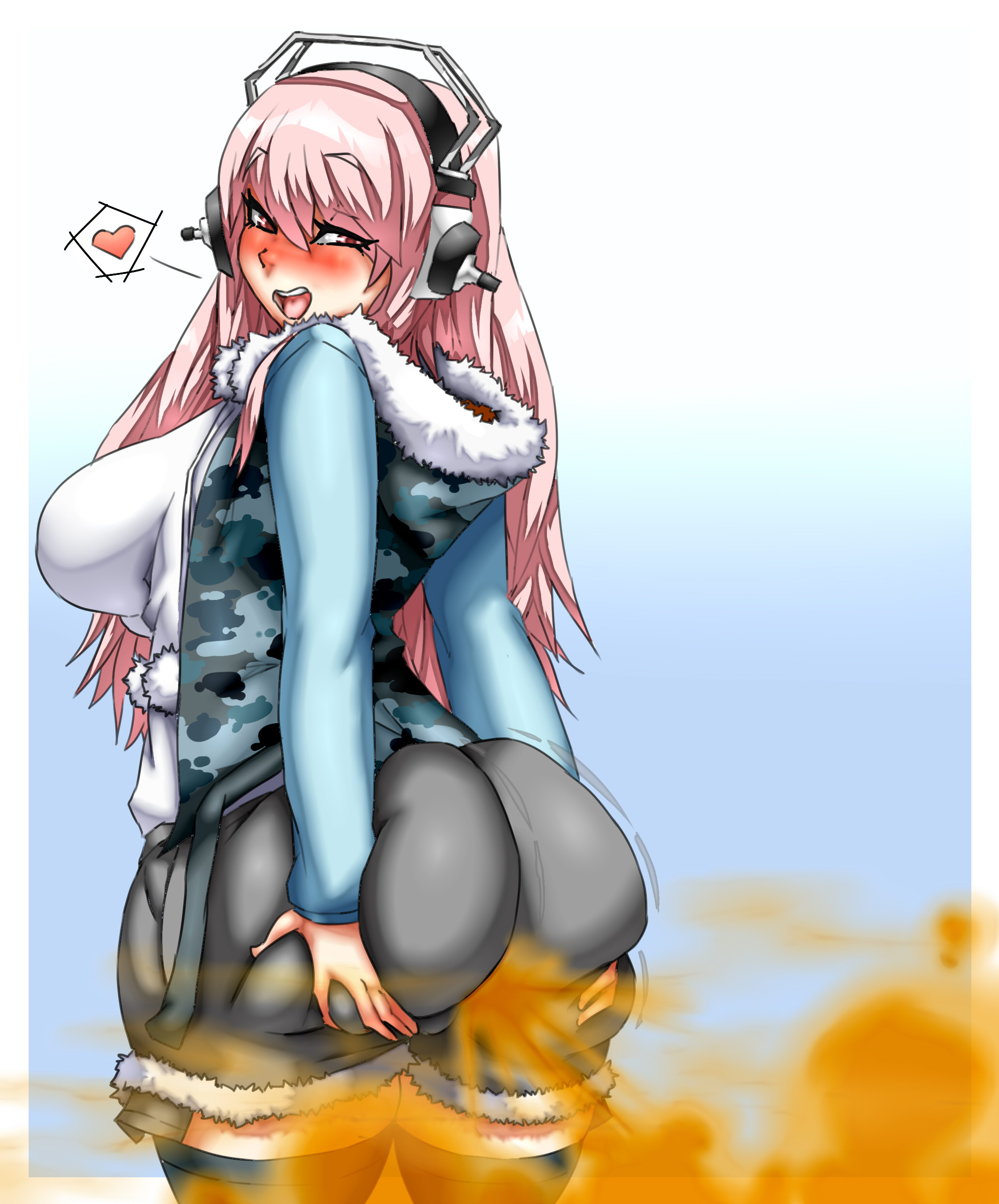 1girls, ass, big ass, big butt, blue legwear, blue thighhighs, blush, fart, fart cloud, fart fetish, farting, female, grabbing own ass, grey shorts, headphones, heart, lazei, legwear, looking back, nitroplus, open mouth, pink eyes, pink hair, rear view, shorts, smile, solo female, standing, super sonico, thighhighs, viewed from behind
