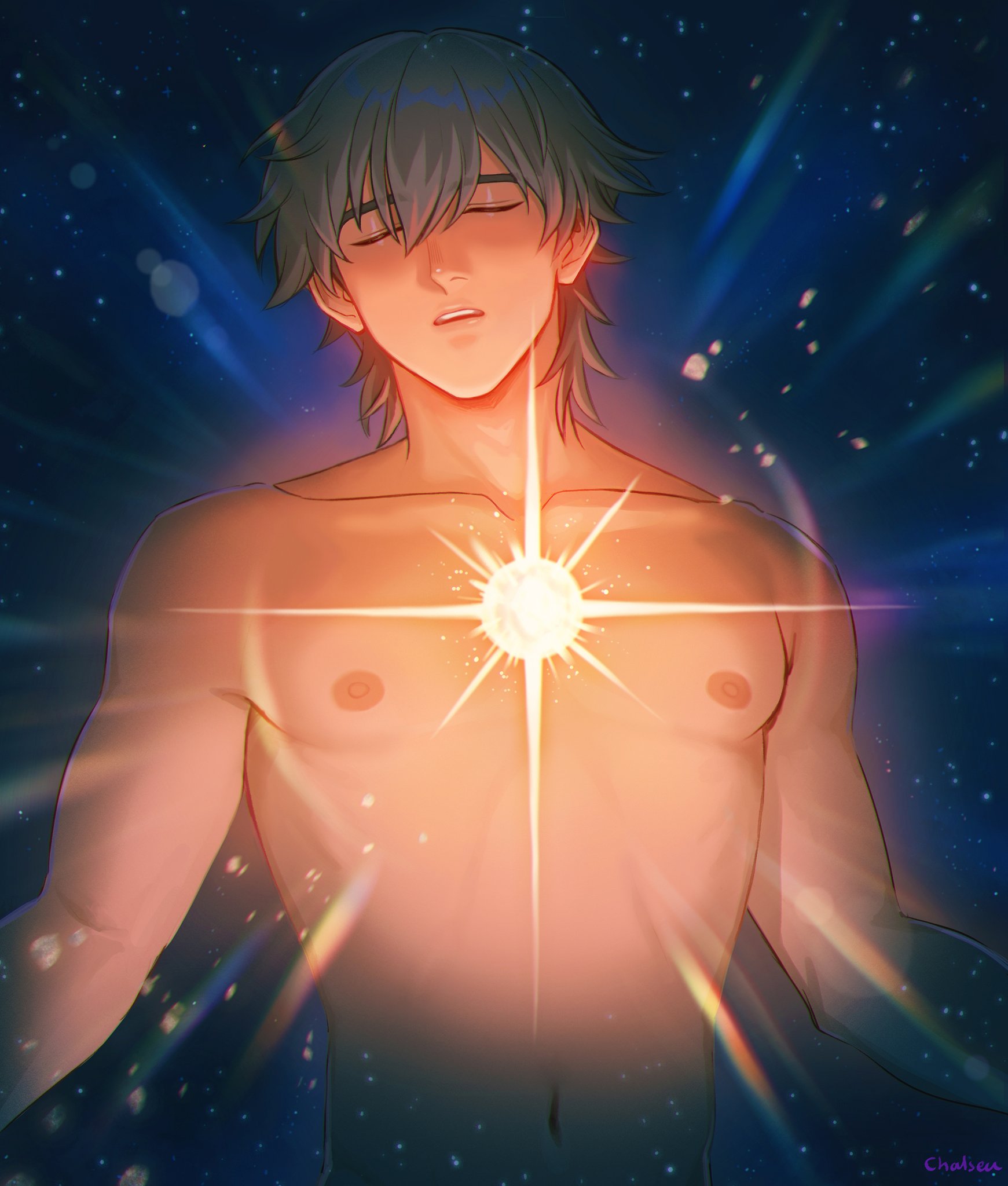 1boy, anime style, artistic nude, artistic nudity, belly button, blush, caelus (honkai: star rail), closed eyes, completely naked, completely nude, eyes, gay, glowing, grey hair, honkai: star rail, male, male focus, male only, muscles, muscular, muscular male, naked, naked male, nipples, no visible genitalia, nude, nude male, open mouth, short hair, solo, solo focus, solo male, sombre slahc, yaoi
