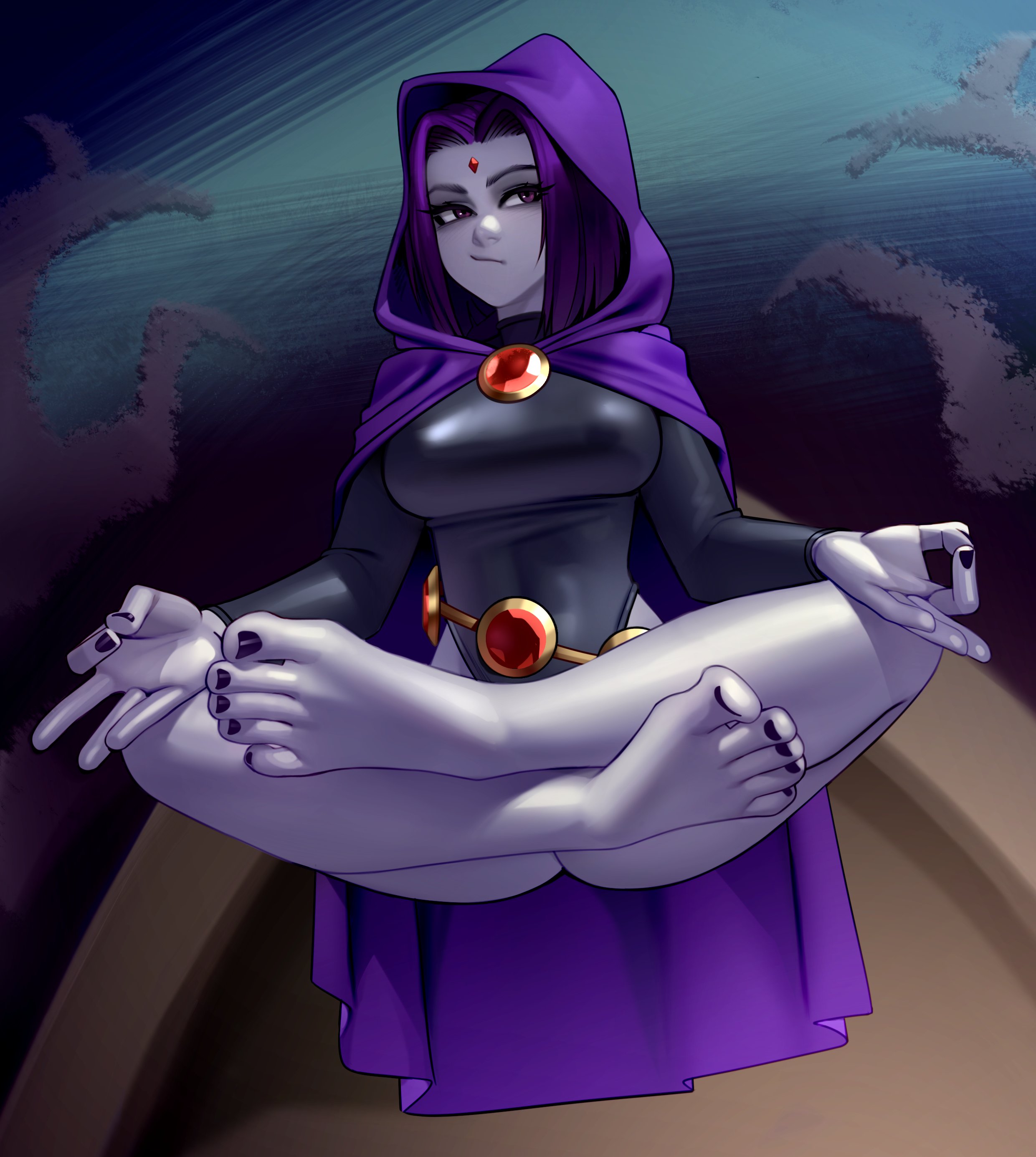 ass, asscheeks, bare legs, bare thighs, barefoot, buttcheeks, clothed, clothed female, dc, dc comics, feet, female, female only, foot fetish, kairuhentai, kairunoburogu, leotard, nail polish, pale skin, purple hair, rachel roth, raven (dc), short hair, teen titans, tight clothing, toenail polish, toes