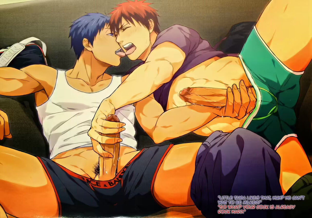 2boys abs aomine_daiki big_penis blue_hair blush boxers daiki_aomine dialogue english_text french_kiss gay half-dressed half_naked handjob kagami_taiga kuroko's_basketball kuroko_no_basuke male male/male male_only masturbation muscular muscular_male mutual_masturbation penis penis_grab penis_out precum precum_drip precum_string red_hair tagme taiga_kagami toned toned_male tongue tongue_kiss tongue_out underwear underwear_down yaoi zawar379