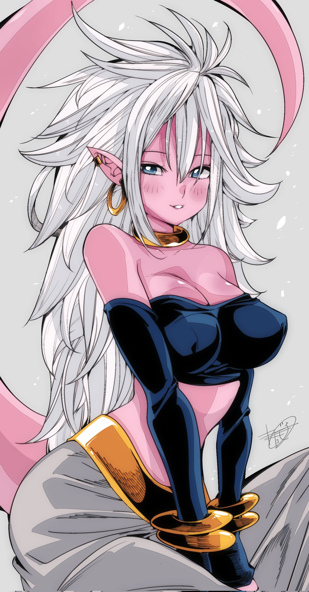 1girls 2024 2d 2d_artwork android android_21 android_21_(good) arc_system_works artist_signature ass baggy_pants bandai_namco bangs bare_belly bare_shoulders bare_stomach belly big_ass big_breasts big_butt blue_eyes blush blushing blushing_at_viewer bracelet bracelets breasts butt choker cleavage clothed clothed_female clothing color colored dragon_ball dragon_ball_fighterz ear_piercing earrings elbow_gloves female female_focus female_only full_color gold_choker gold_jewelry hair hair_between_eyes hips jewelry large_ass large_breasts large_butt long_hair long_tail looking_at_viewer majin majin_android_21 omochi_db perky_breasts pink_skin pink_tail pointy_ears smile smiling smiling_at_viewer solo solo_female solo_focus spiky_hair stomach tail tubetop video_game video_game_character voluptuous voluptuous_female vomi_(dragon_ball) white_hair