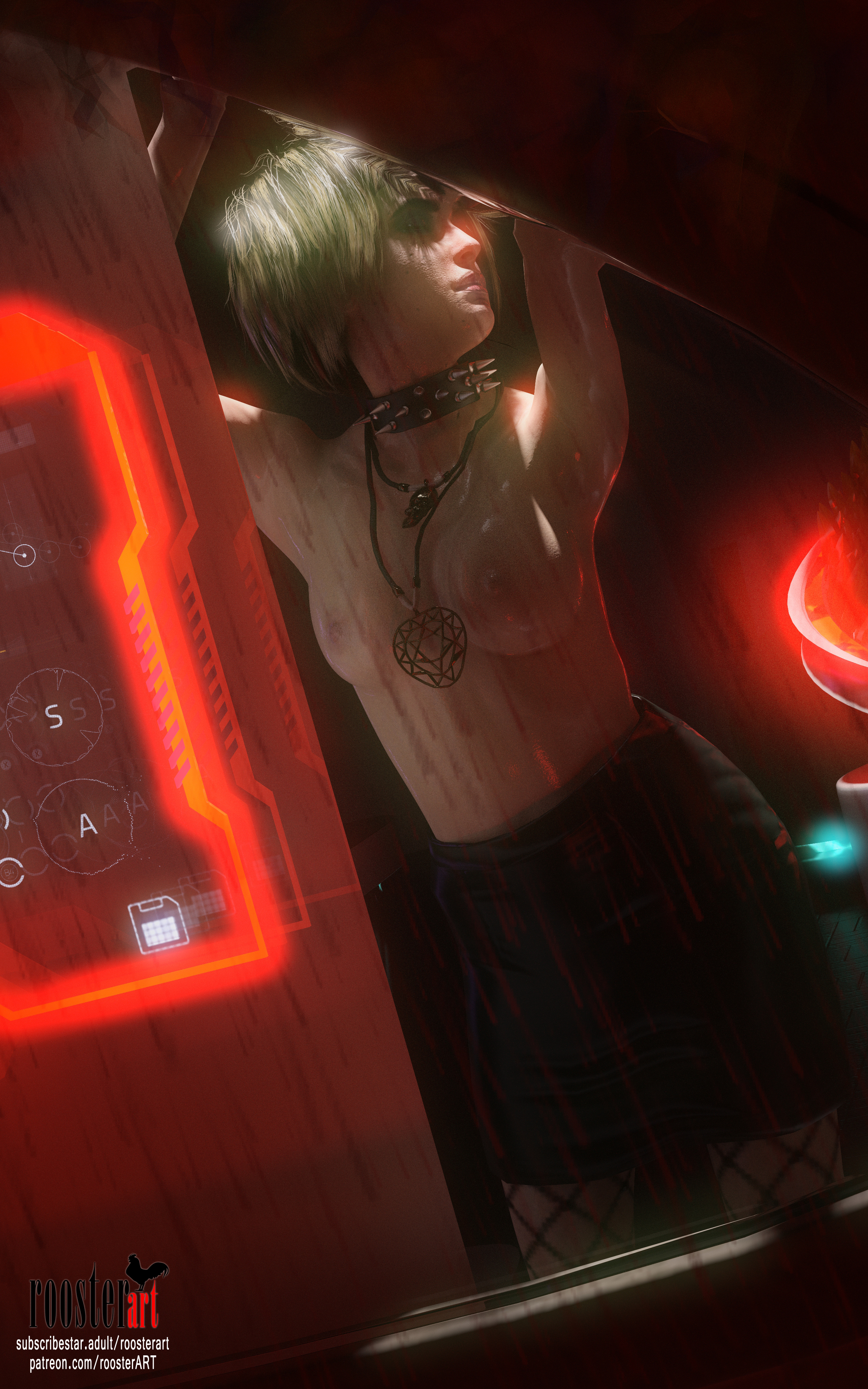 10:16, 1girls, 3d, 3d (artwork), bare shoulders, black skirt, breasts, casual, closed eyes, closed mouth, cyberpunk, cyberpunk 2077, female, female focus, fishnet, fishnet legwear, fishnet stockings, fishnets, futuristic, human, indoors, light skin, light-skinned female, medium breasts, medium hair, misty olszewski, neckwear, neon, neon lights, nipples, pale skin, partially clothed, patreon, patreon username, pendant, rain, raining, red light, roosterart, shoulders, skirt, solo, solo female, solo focus, spiked collar, standing, subscribestar, subscribestar username, video game, video game character, video game franchise, window