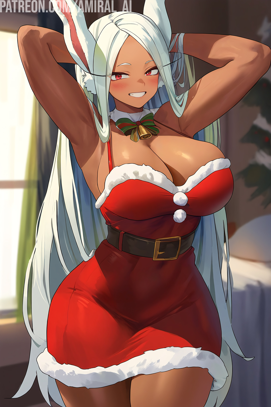 1girls, ai generated, amiral ai, armpits, bare arms, bare shoulders, big breasts, breasts, bunny ears, bunny girl, christmas, christmas outfit, clothed, clothing, color, dark skin, dark-skinned female, female, female focus, female only, hi res, large breasts, long hair, miruko, my hero academia, presenting armpit, red eyes, rumi usagiyama, solo, solo female, tagme, white hair