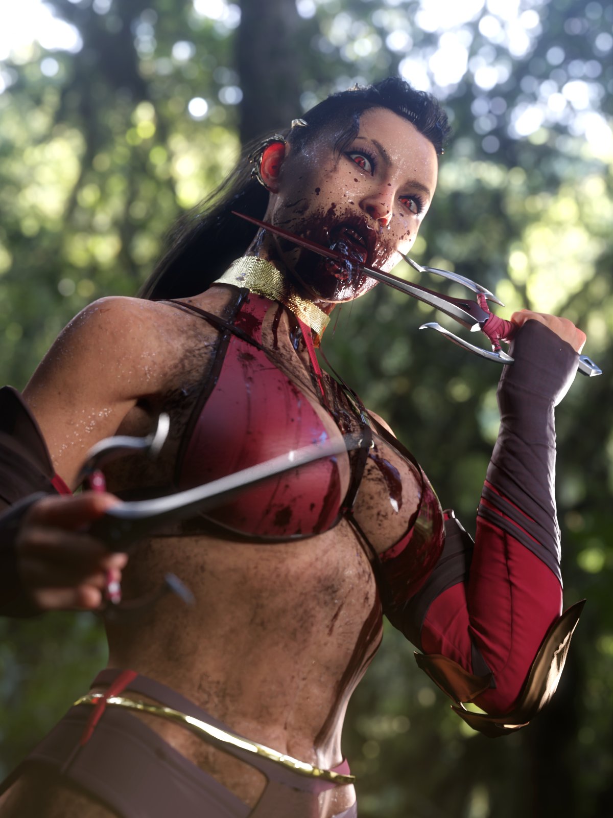 3d asian_female blood blood_on_face breasts edenian licking_blade licking_blood mileena mortal_kombat mortal_kombat_1_(2023) non_nude stomach sweat waist weapon