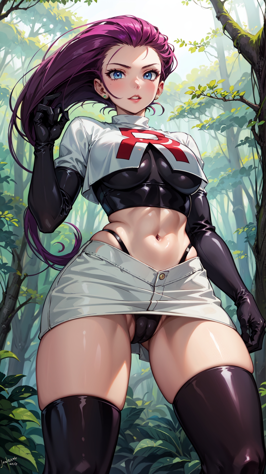 ai generated, blue eyes, breasts, cameltoe, crop top, earrings, female, forest, from, from below, gloves, highleg panties, jessie (pokemon), marusame, outside, pokemon, purple hair, pussy, stable diffusion, team rocket, team rocket uniform, thighhighs, thong, underboob, upskirt