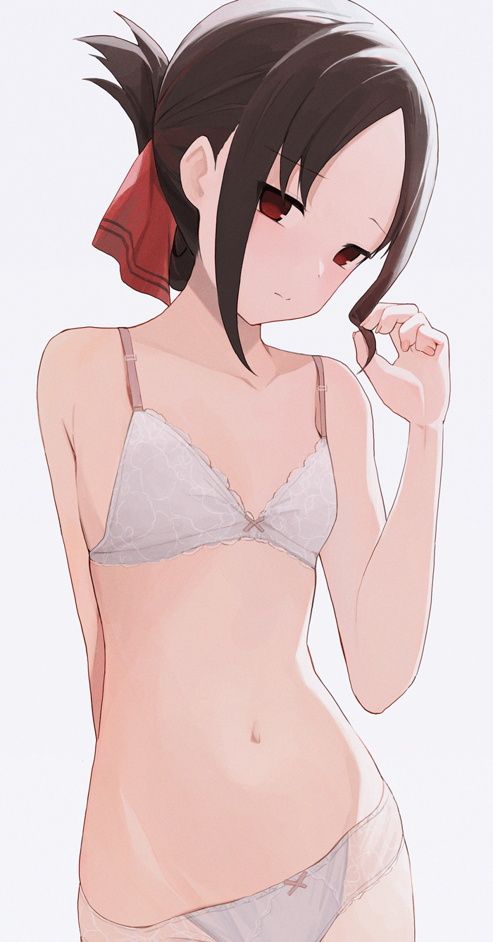 1girls bare_arms bare_legs bare_shoulders belly belly_button black_hair bra collarbone embarrassed female female_focus female_only forehead hair_ribbon hand_up holding_hair kaguya-sama_wa_kokurasetai_~tensai-tachi_no_renai_zunousen~ looking_at_viewer panties petite red_eyes shinomiya_kaguya shy simple_background slender_body slender_waist slim_girl slim_waist small_breasts standing student teenager thighs thin_waist underwear white_background white_bra white_panties white_underwear yyqw7151