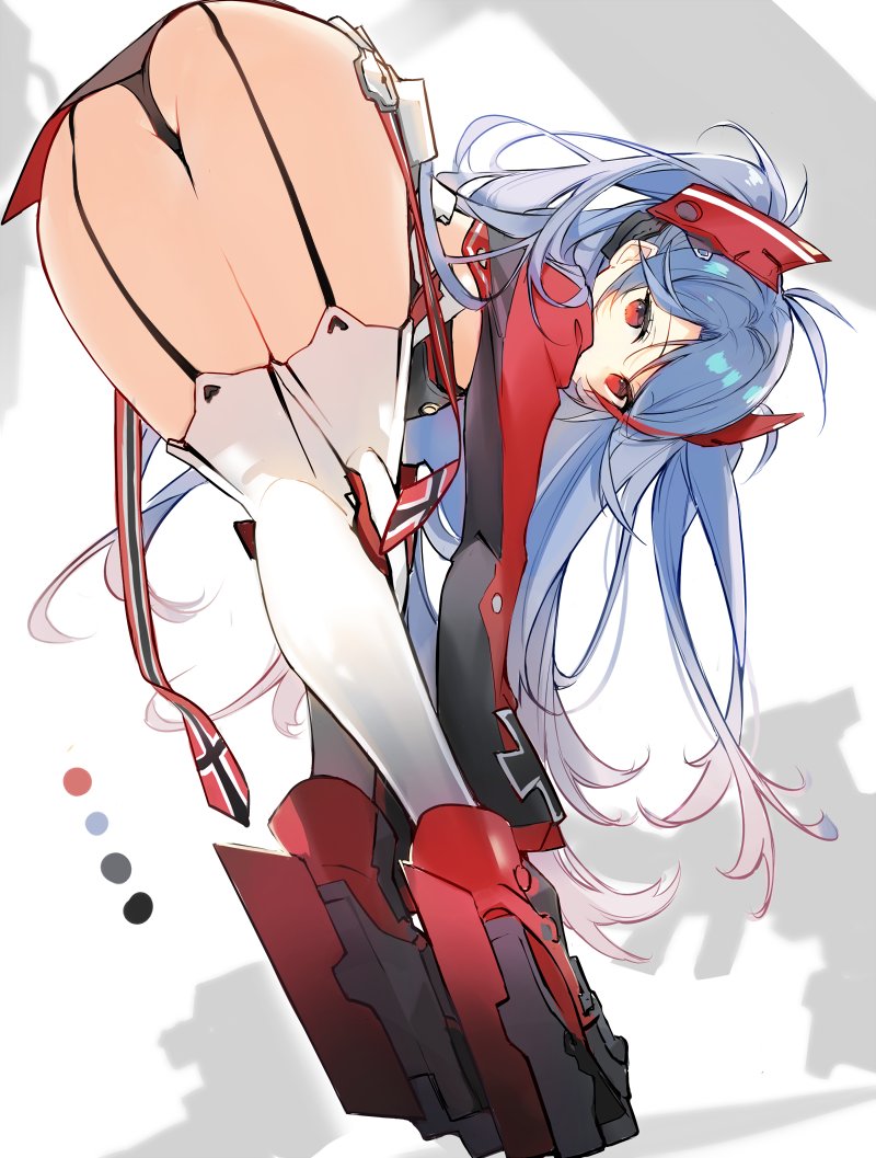 ass, azur lane, bangs, bent over, black panties, blue hair, commentary request, cross, female, fukuda935, garter straps, hair between eyes, head tilt, headgear, iron cross, long hair, long sleeves, looking at viewer, panties, prinz eugen (azur lane), red eyes, simple background, solo, thighhighs, two side up, underwear, very long hair, white legwear