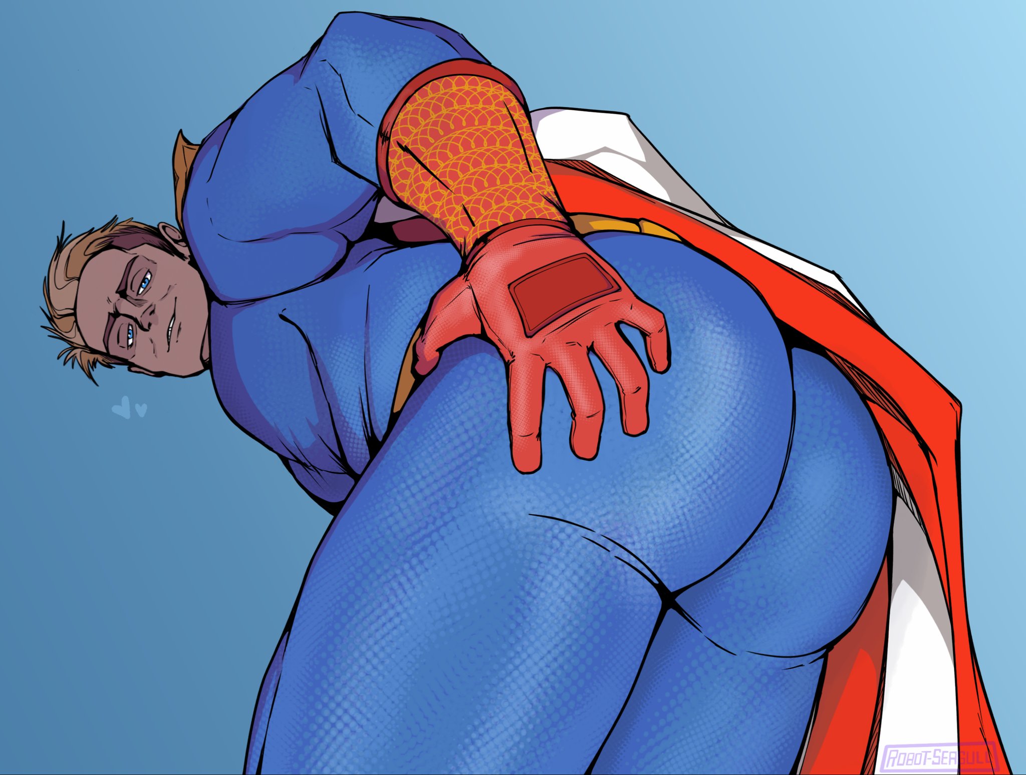 1boy, ass, bara, big ass, big butt, blonde hair, blue eyes, butt, cape, fat ass, fat butt, fully clothed, gay, grabbing ass, grabbing own ass, hand, hand on ass, heart, homelander, huge ass, huge butt, looking at viewer, looking back, male, male only, robot-seagull, solo, the boys, thick ass, thick butt