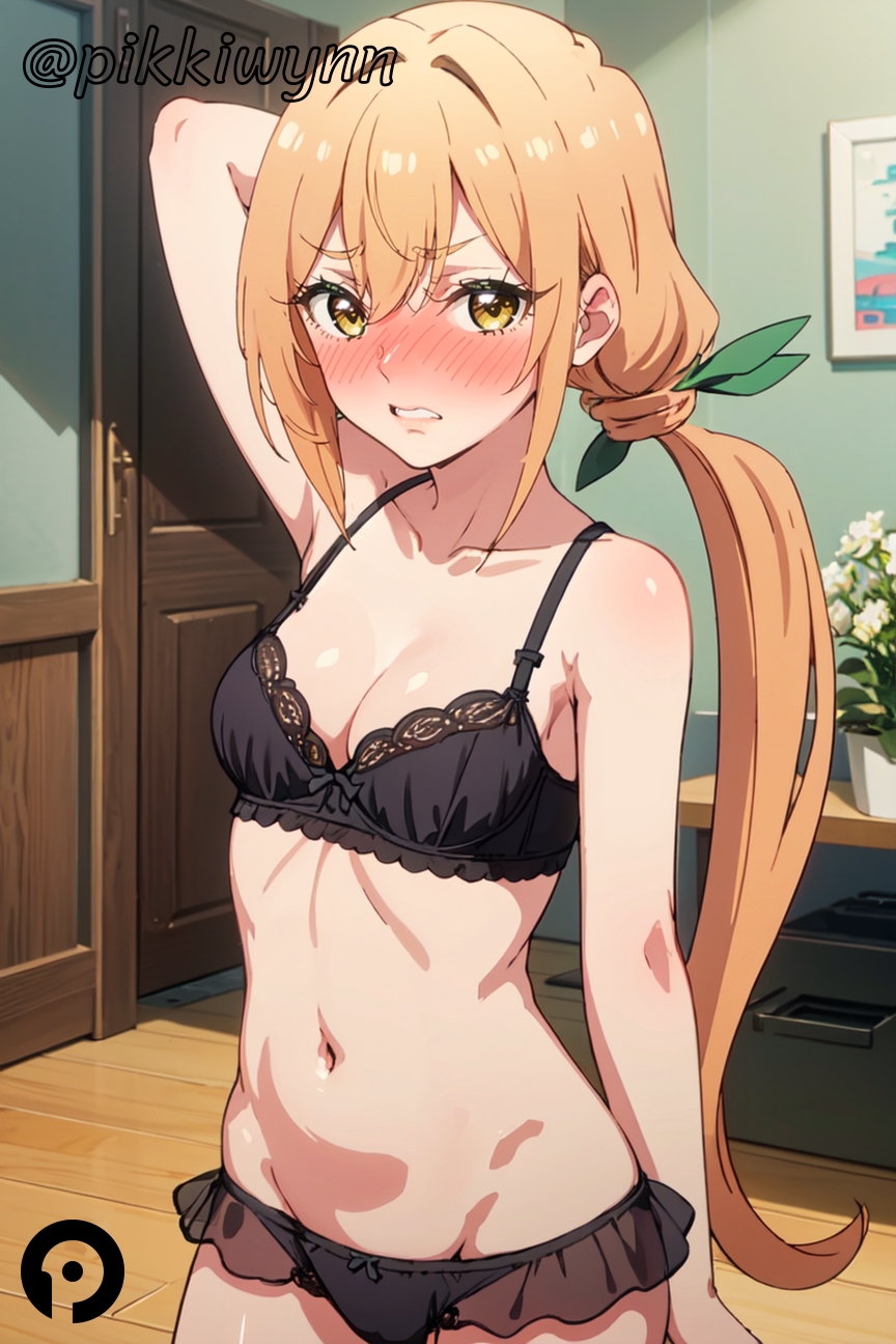 100_kanojo ai_generated arm_behind_head arm_up bangs black_bra black_panties blonde_hair blush bra breasts cleavage collarbone cowboy_shot female hair_between_eyes hair_ribbon inda_karane indoors kimi_no_koto_ga_dai_dai_dai_dai_daisuki_na_100-nin_no_kanojo long_hair looking_at_viewer navel panties pikkiwynn ribbon small_breasts solo standing stomach teeth the_100_girlfriends_who_really_really_really_really_really_love_you underwear underwear_only wooden_floor yellow_eyes