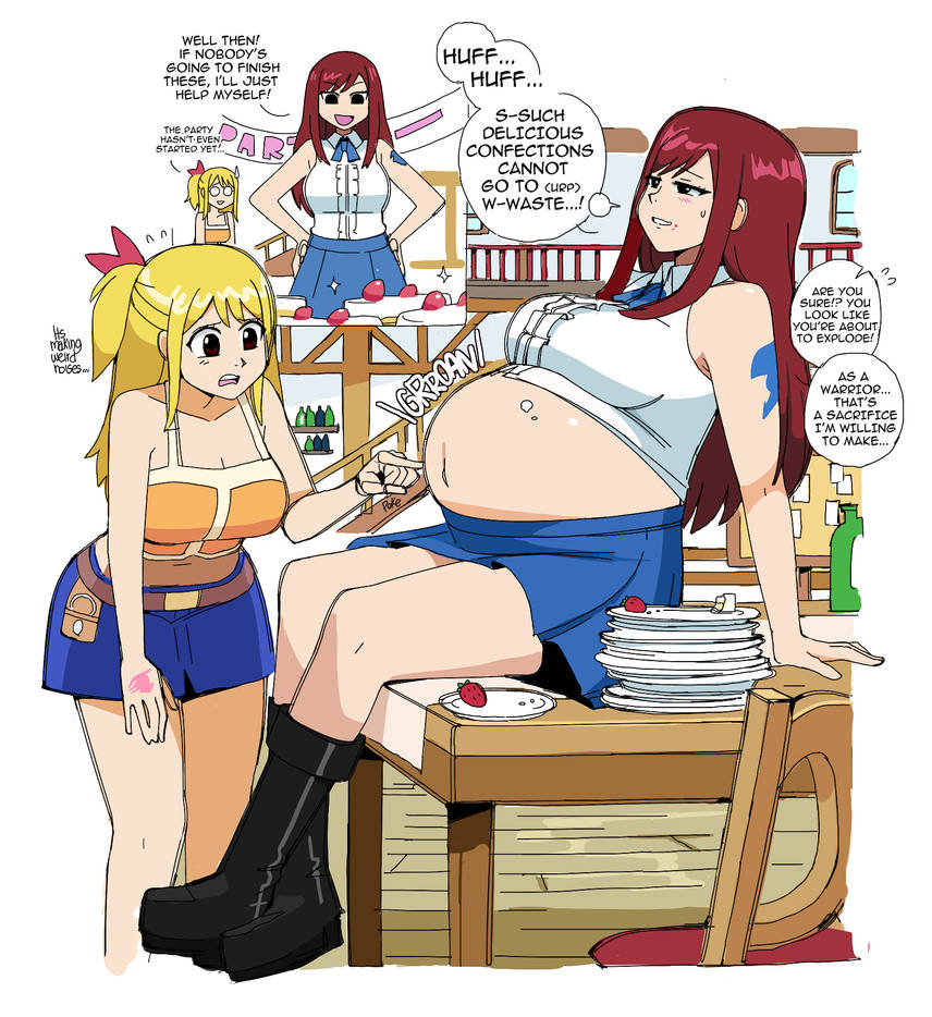 belly_bulge belly_expansion bloated bloated_belly bloated_stomach bloated_tummy burp burping dr-worm erza_scarlet fairy_tail lewdlemage lucy_heartfilia stuffed_belly