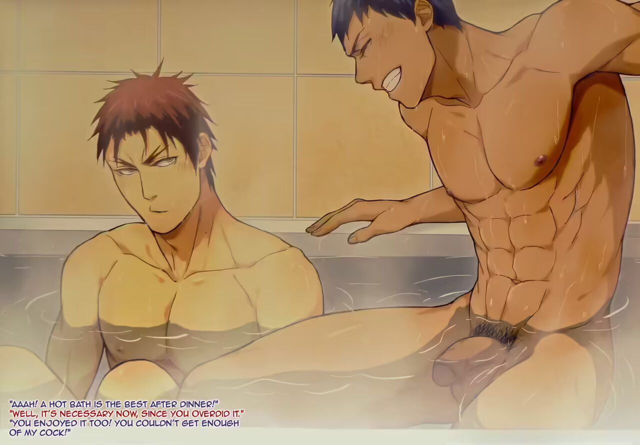 2boys abs aomine_daiki balls bathroom bathtub blue_hair daiki_aomine dialogue english_text gay kagami_taiga kuroko's_basketball kuroko_no_basuke male male/male male_only muscular muscular_male naked nipples pecs pectorals penis pubic_hair red_hair smile taiga_kagami testicles water yaoi zawar379