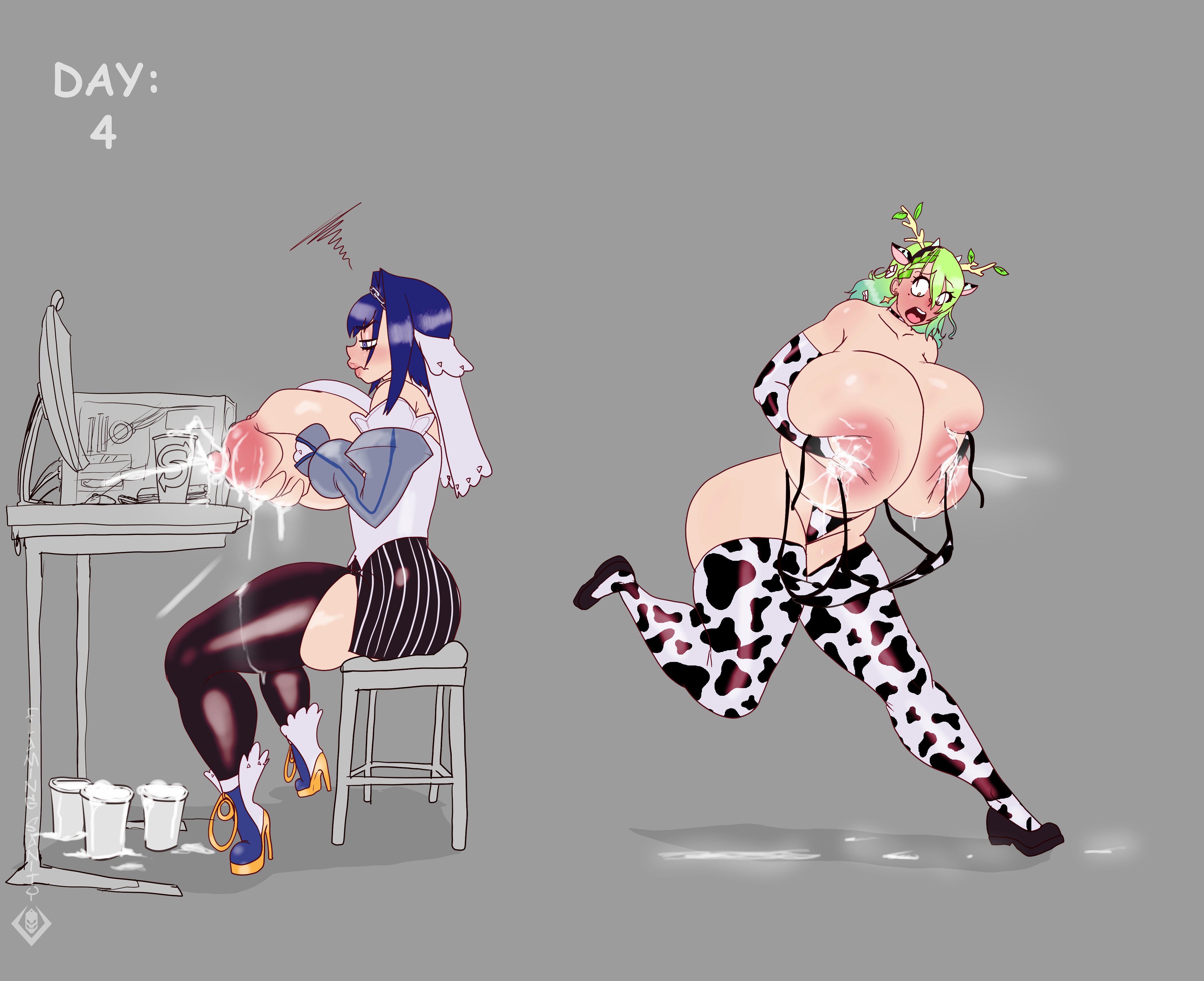 2girls, alternate breast size, breast expansion, breast grab, breast growth, breast growth (enlargement), breast squeeze, breasts, breasts out, ceres fauna, elbow gloves, female, flamingsanity, hololive, hololive english, hololive english -council-, hololive english -promise-, hololive no milk november, huge breasts, lactation, lactation denial, large areolae, ouro kronii, puffy nipples, simple background, thick thighs, thighhighs, virtual youtuber
