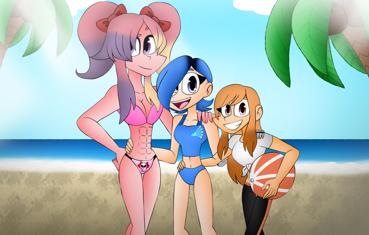 3girls abs beach beach_ball bikini blue_bikini blue_bikini_bottom blue_eyes blue_hair blue_tankini breasts female female_only glitch_productions hair_over_one_eye hourglass_figure human_meggy long_hair mechanical_arm meggy_spletzer navel ocean orange_hair pink_eyes pink_hair purple_eyes saiko_bichitaru_(smg4) shirt short_hair short_sleeves smg4 smile swimming_pants swimsuit swimwear tankini tari_(smg4) tied_shirt twintails white_shirt yellow_streak zaratheoctoling