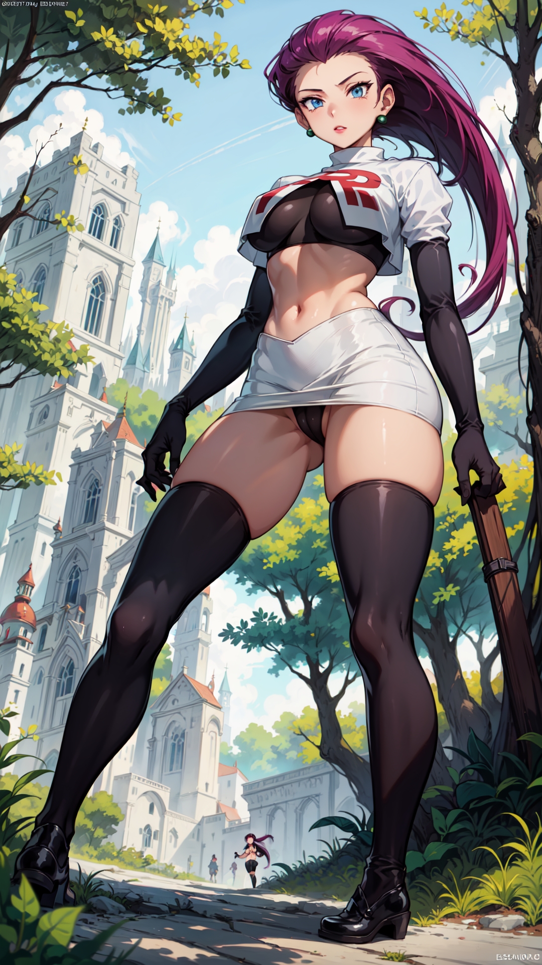 ai generated, blue eyes, breasts, building, cameltoe, crop top, earrings, female, forest, from, from below, gloves, highleg panties, jessie (pokemon), looking at viewer, marusame, outside, people in background, pokemon, purple hair, pussy, stable diffusion, team rocket, team rocket uniform, thighhighs, thong, underboob, upskirt