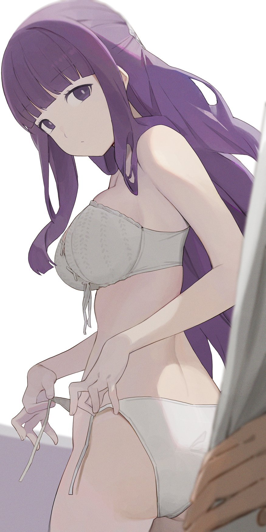 1girls adult ass bare_arms bare_legs bare_shoulders bare_thighs belly belly_button bra breasts breasts female female_focus female_only fern_(sousou_no_frieren) large_breasts long_hair looking_at_viewer panties purple_eyes purple_hair sideboob simple_background slender_body slender_waist slim_girl slim_waist sousou_no_frieren standing thin_waist underboob underwear undressing white_background white_bra white_panties white_underwear yyqw7151