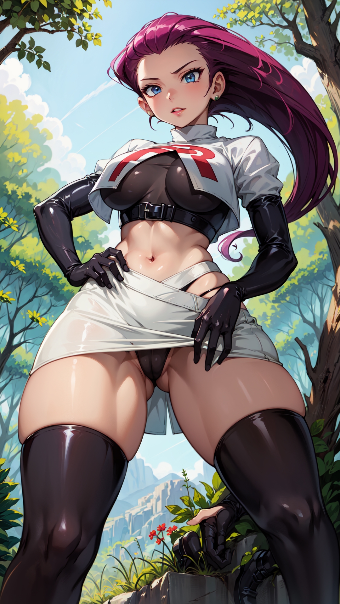 1girls, ai generated, ai hands, blue eyes, breasts, cameltoe, crop top, earrings, female, forest, from, from below, gloves, highleg panties, human, jessie (pokemon), marusame, outside, pokemon, pokemon (anime), purple hair, pussy, solo, stable diffusion, tagme, team rocket, team rocket uniform, thighhighs, thong, underboob, upskirt