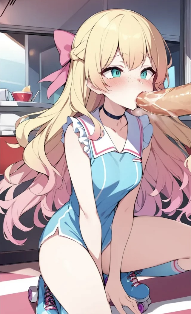 1boy actualtrashhuman ai ai_generated alexis_woodrider blonde_hair blowjob blue_dress bow_in_hair clothed_sex diner dress fellatio female french_braid hairbow long_hair ombre_hair public_sex short_dress skimpy skinny waitress waitress_uniform wavy_hair