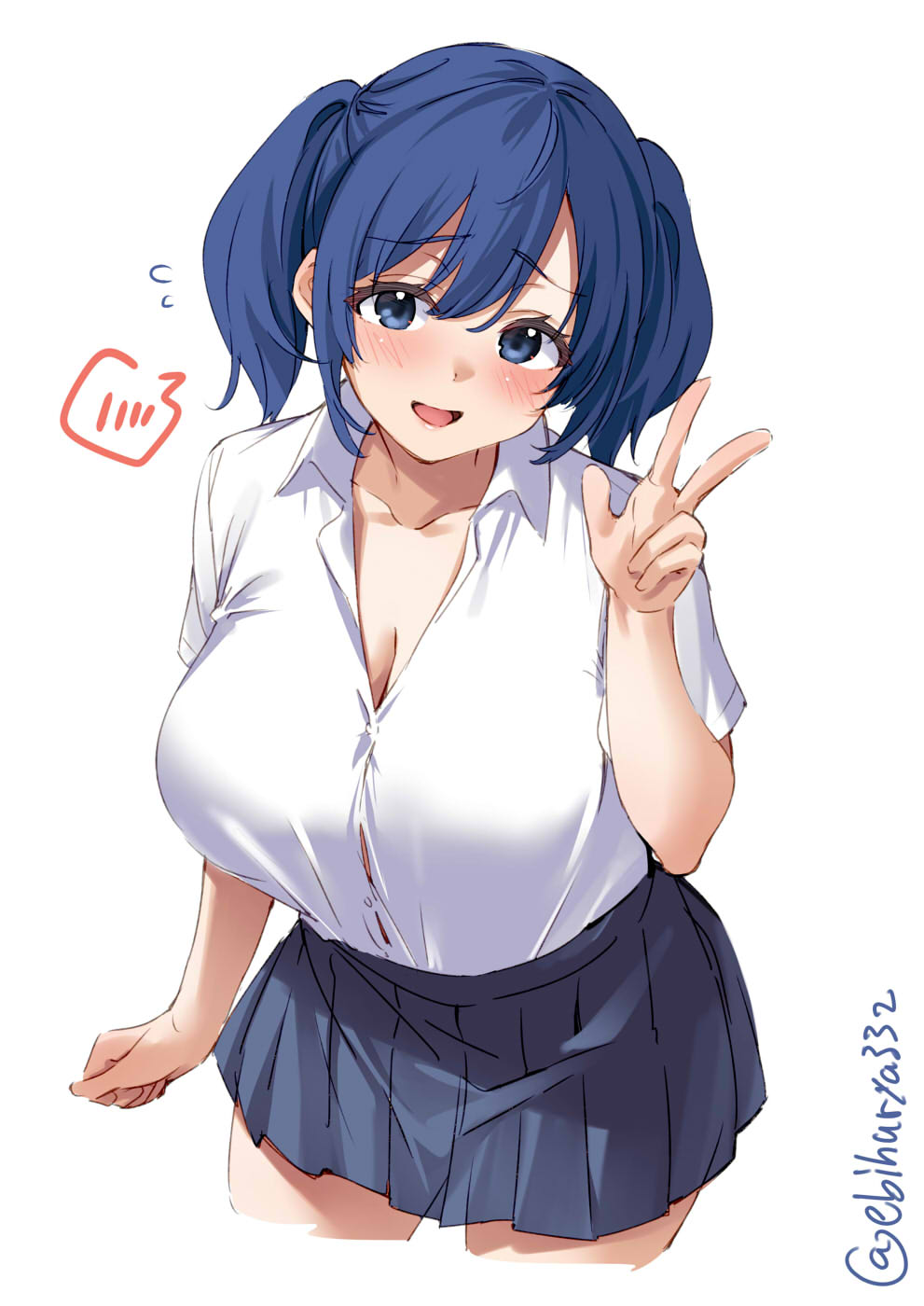 blue eyes, blue hair, blue skirt, blush, breasts, cleavage, collarbone, collared shirt, cowboy shot, cropped legs, ebifurya, eyebrows visible through hair, female, flying sweatdrops, hair between eyes, highres, kantai collection, large breasts, one-hour drawing challenge, open mouth, pleated skirt, shirt, short hair, short sleeves, simple background, skirt, solo, souryuu (kantai collection), spoken blush, twintails, twitter username, v, white background, white shirt