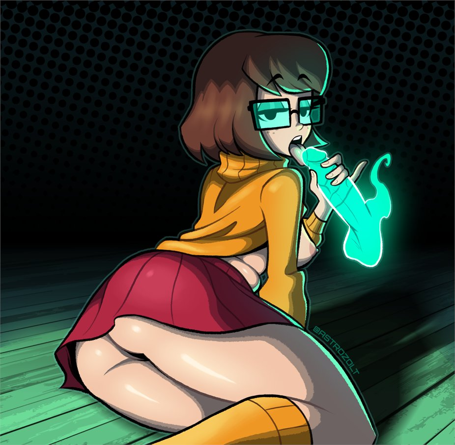 2023 ass astrozolt_(artist) balls black_background black_eyes breasts brown_hair fellatio female female_focus freckles freckles_on_face ghost ghost_penis glasses green_floor handjob hanna-barbera looking_at_viewer looking_back male nipples penis scooby-doo short_hair skirt sweater sweater_lift thick_thighs thighs tongue tongue_out upskirt velma_dinkley warner_brothers